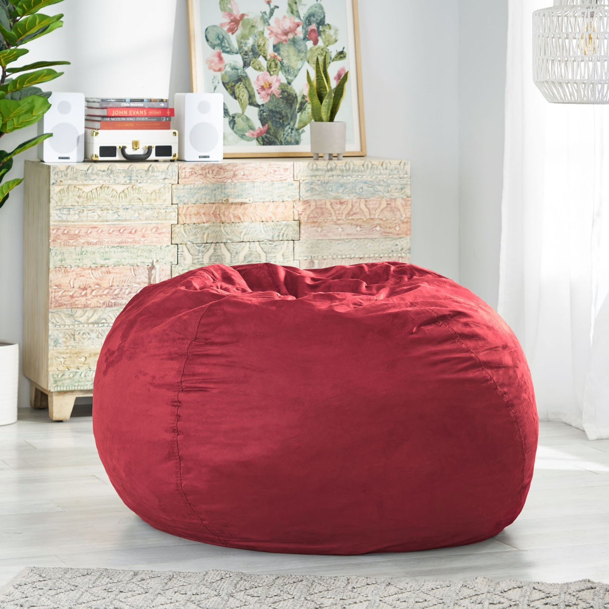 Comfortable High Density Shredded Foam Bean Bag Chair For Kids And Adults With Removable Microsuede Cover - Chinese Red