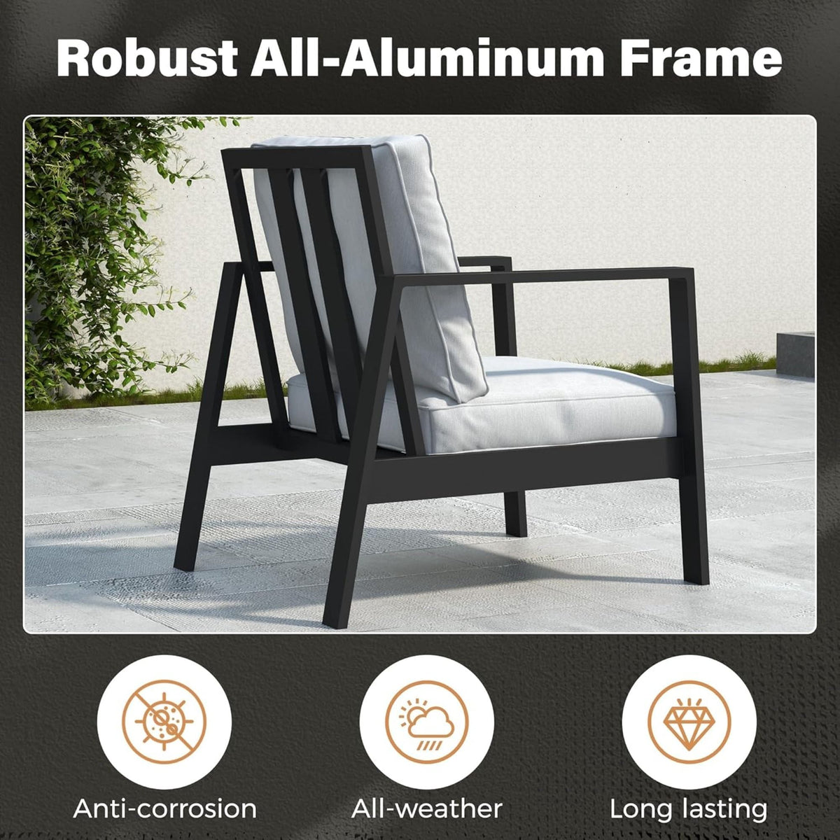 All Weather Patio Armchairs & Thick Cushions (Set of 2) - Black / Gray