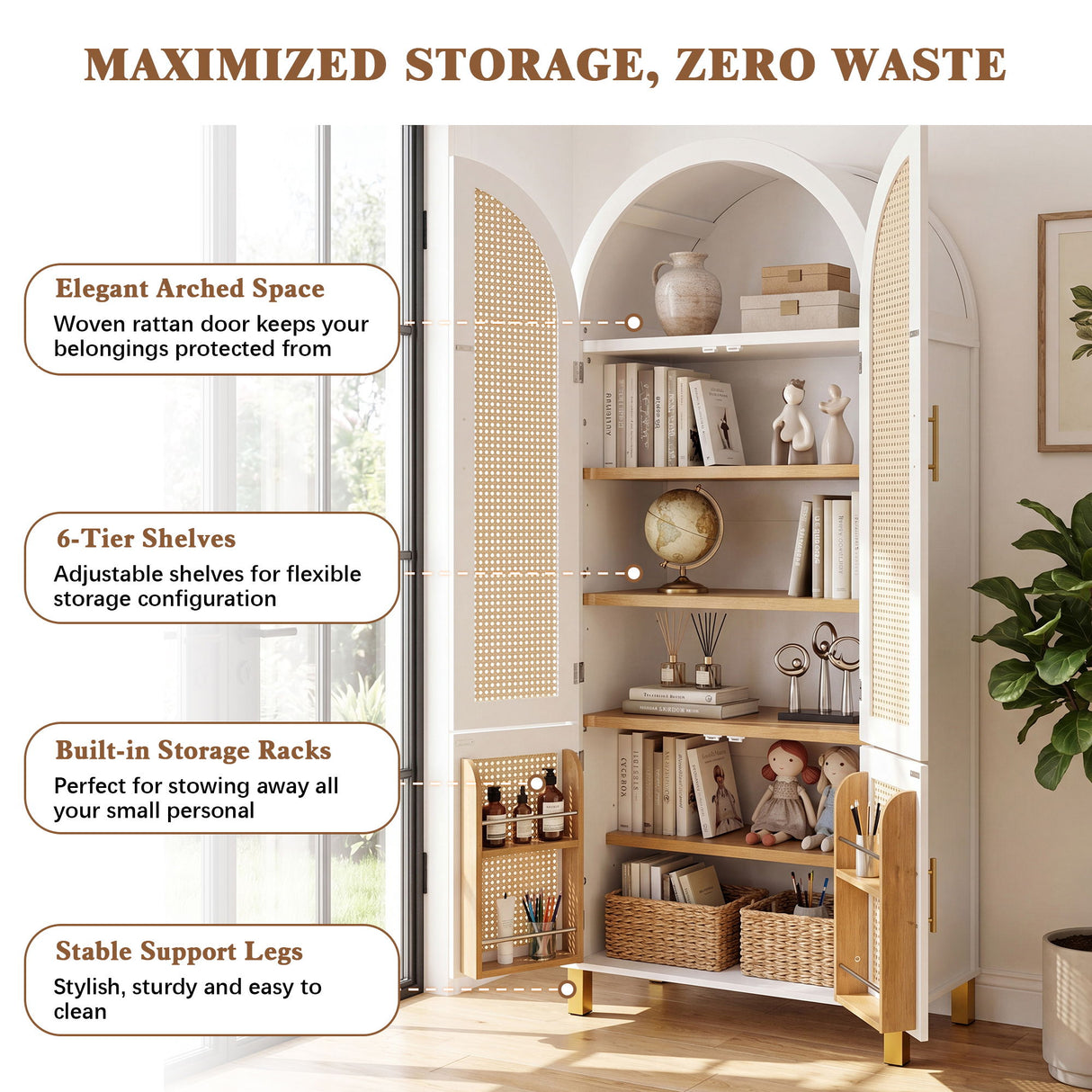 Tall Arched Cabinet With Rattan Doors & Adjustable Shelves