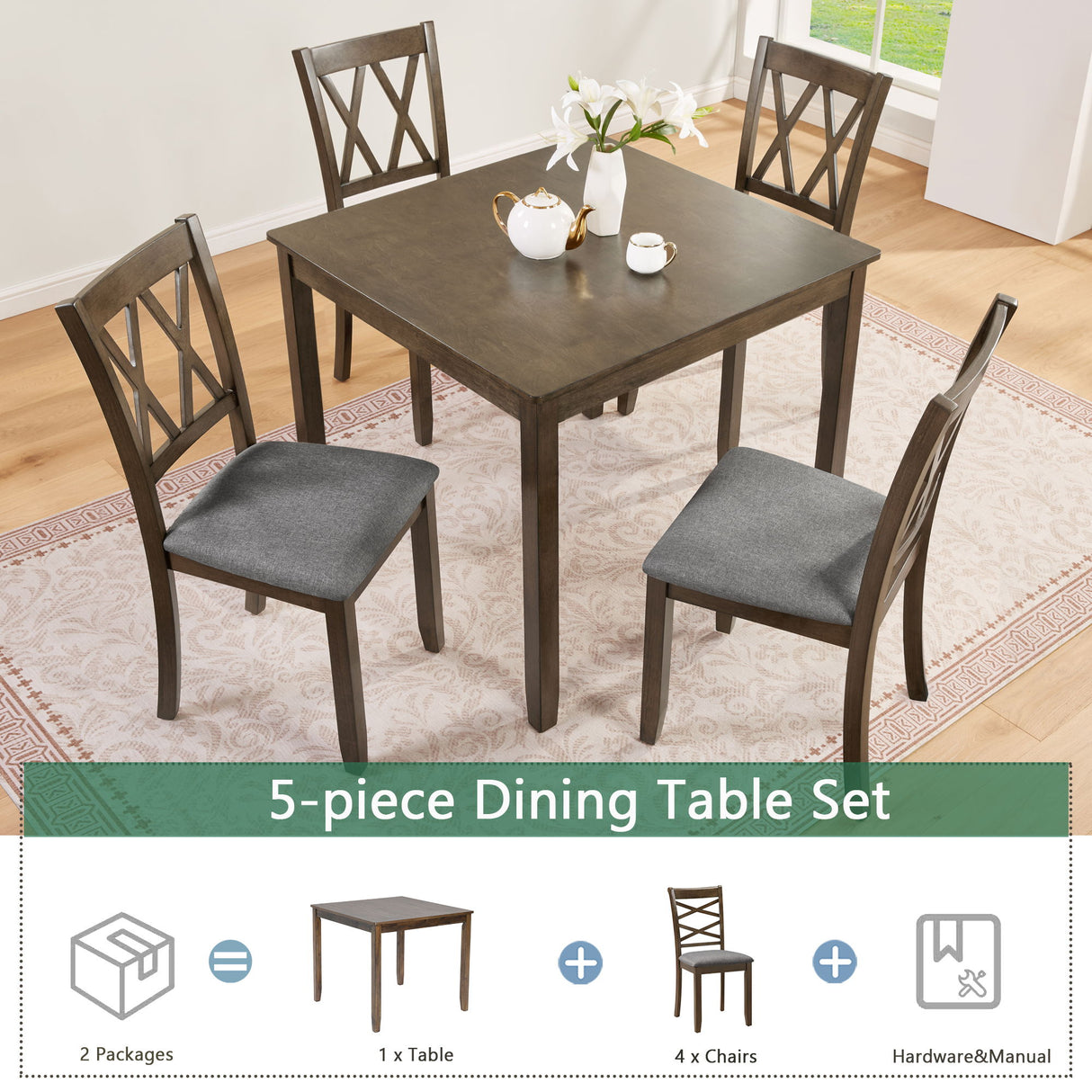 5 Piece Dining Table Set With 4 Chairs - Walnut