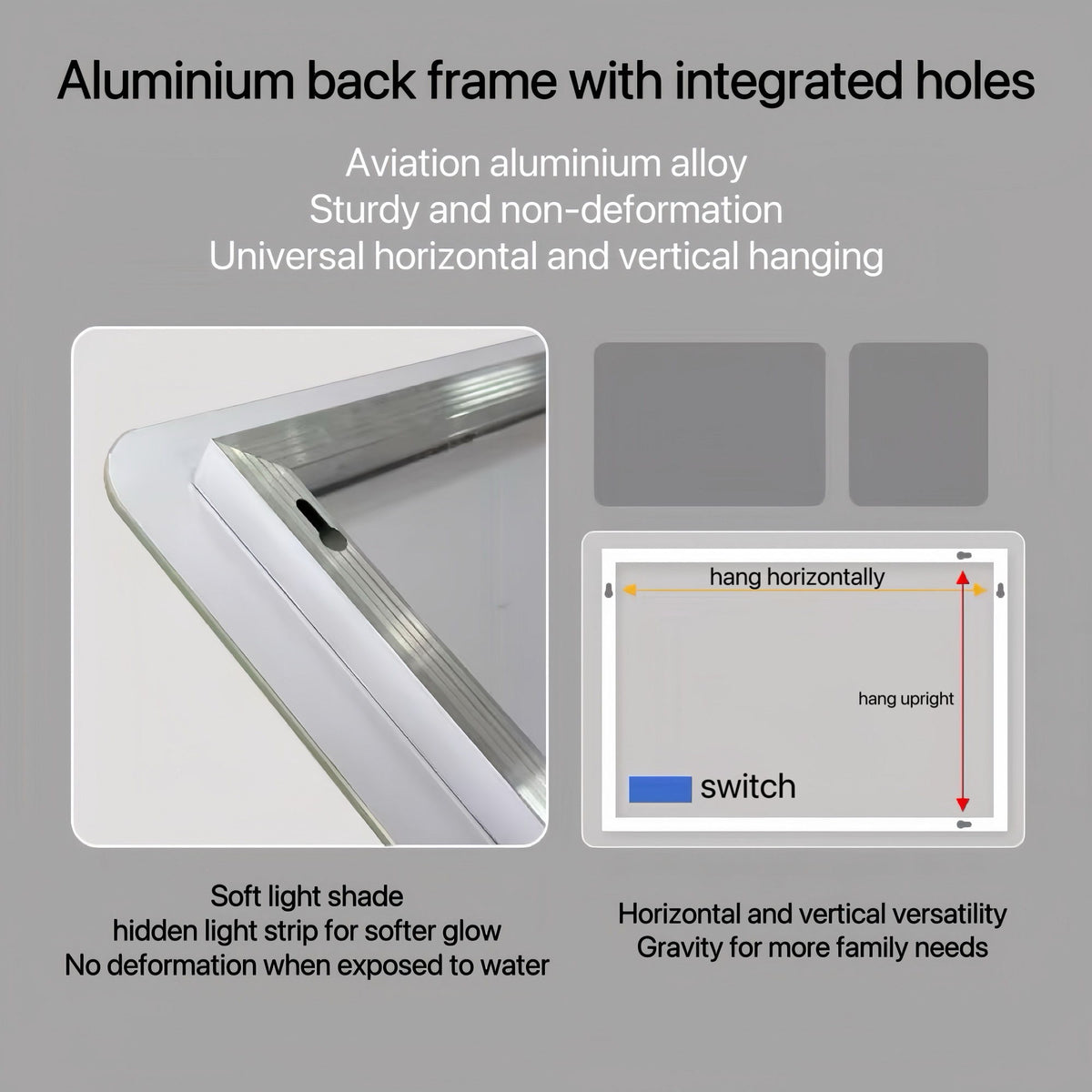 Bathroom Mirror Vanity Mirrors With Front Lights, Wall Mounted, Anti-Fog, Frameless, Horizontal Or Vertical
