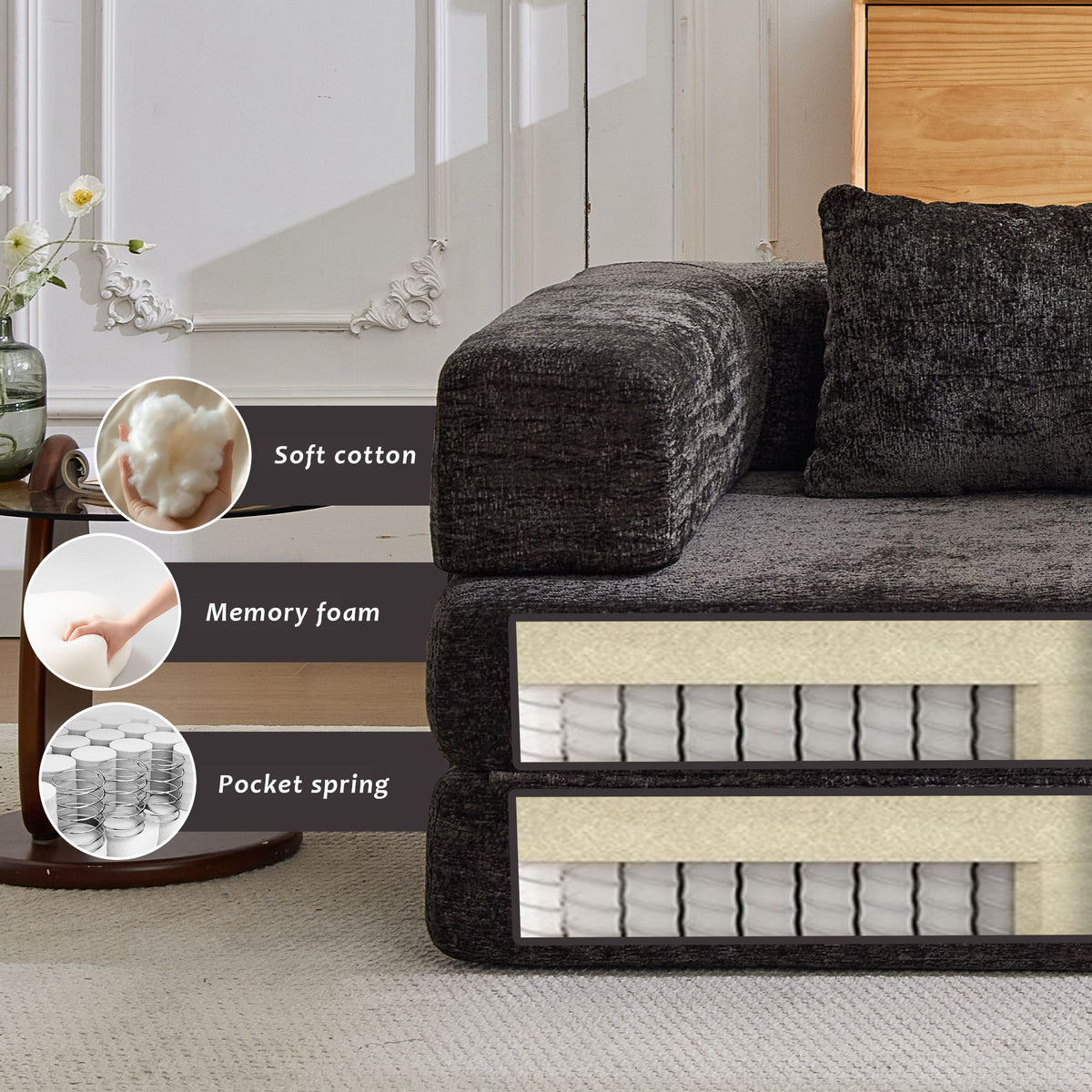 Convertible Floor Sofa Bed With Pillow Back Support Armrest