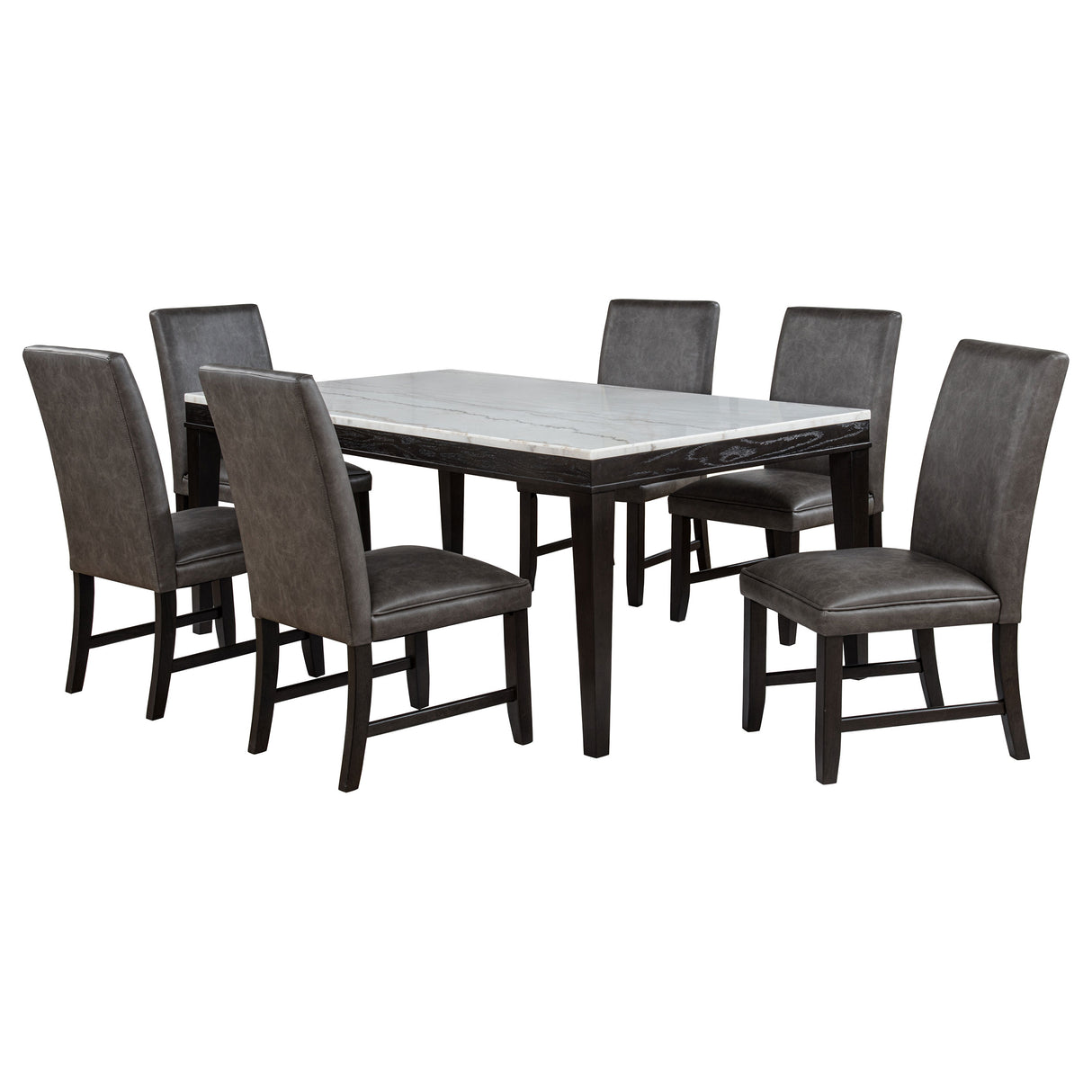 Averill 7-Piece White Marble Dining Set with Dark Grey Chairs