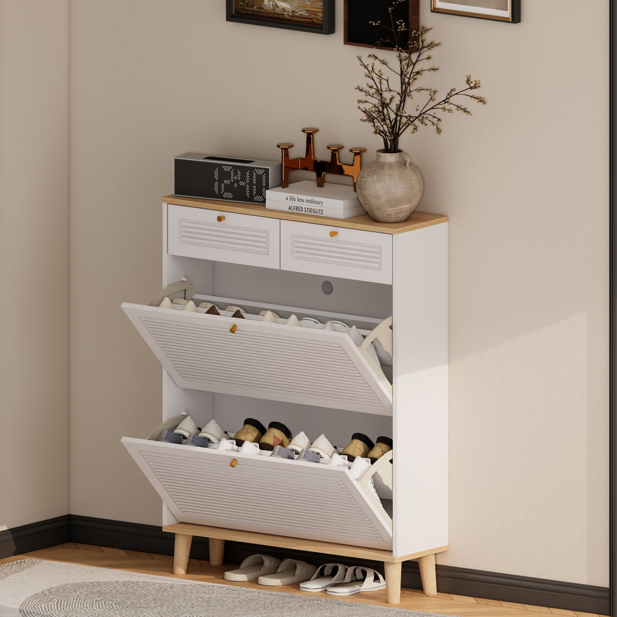 Modern Freestanding Shoe Cabinet With Flip Up Doors And Drawers, Compact Design For Entryway - White Natural