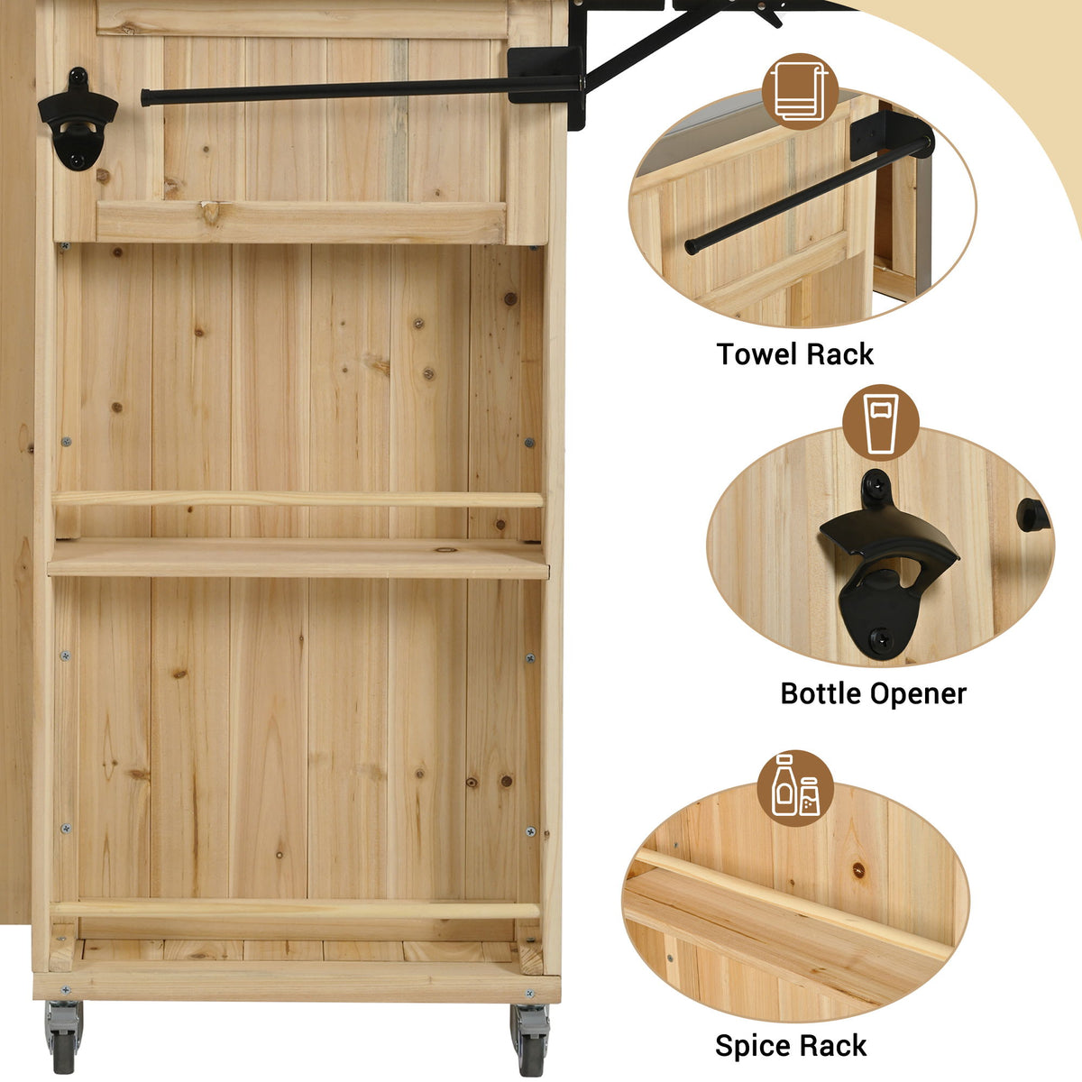Outdoor Kitchen Island With Stainless Steel Top, Ample Storage Space, Towel And Spice Racks And A Bottle Opener