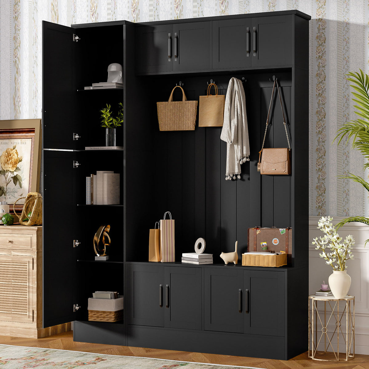Tall Hall Tree With Shoe Storage, 4 In 1 Entryway Bench With 6 Cabinets, 4 Coat Hooks & Adjustable Shelf For Hallway - Black