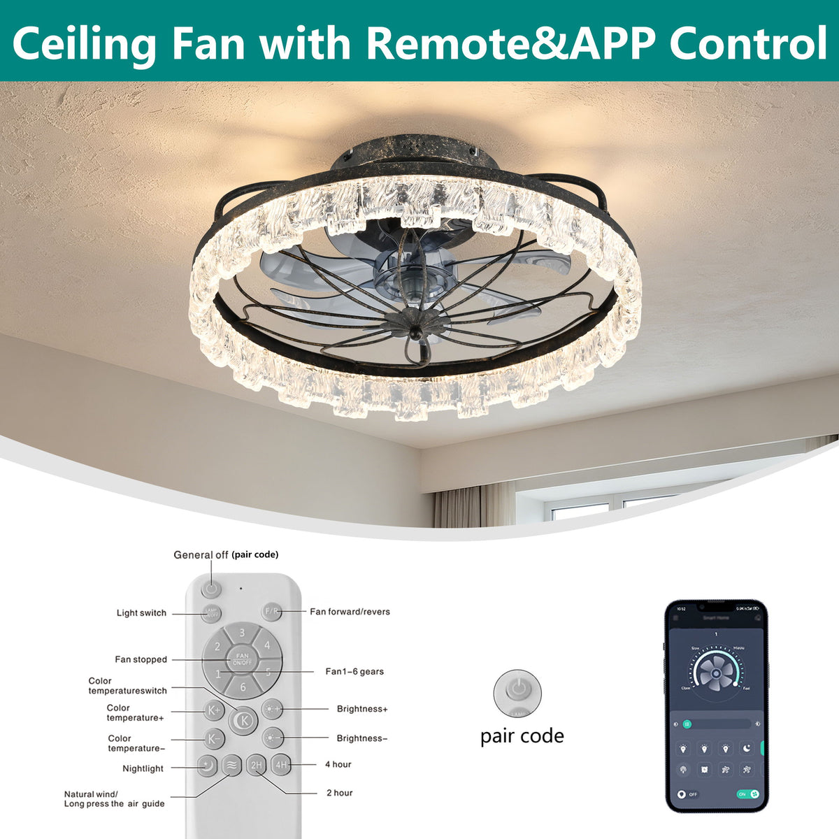 21" Caged Ceiling Fan With Remote Controlled Acrylic LED Lights - Antique Black