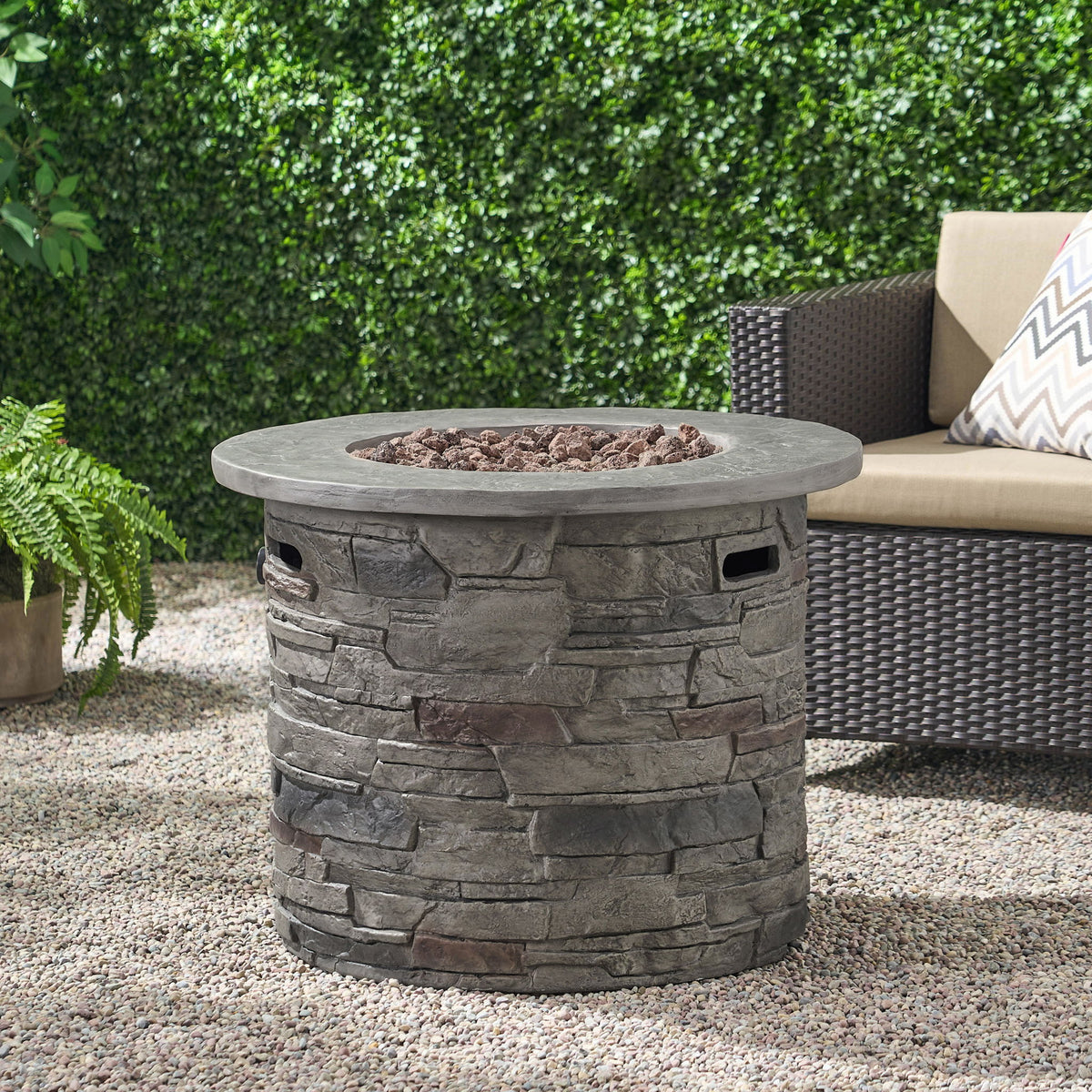Transitional Outdoor 32" Round Propane Fire Pit Table, Lightweight Concrete Construction - Stone Gray
