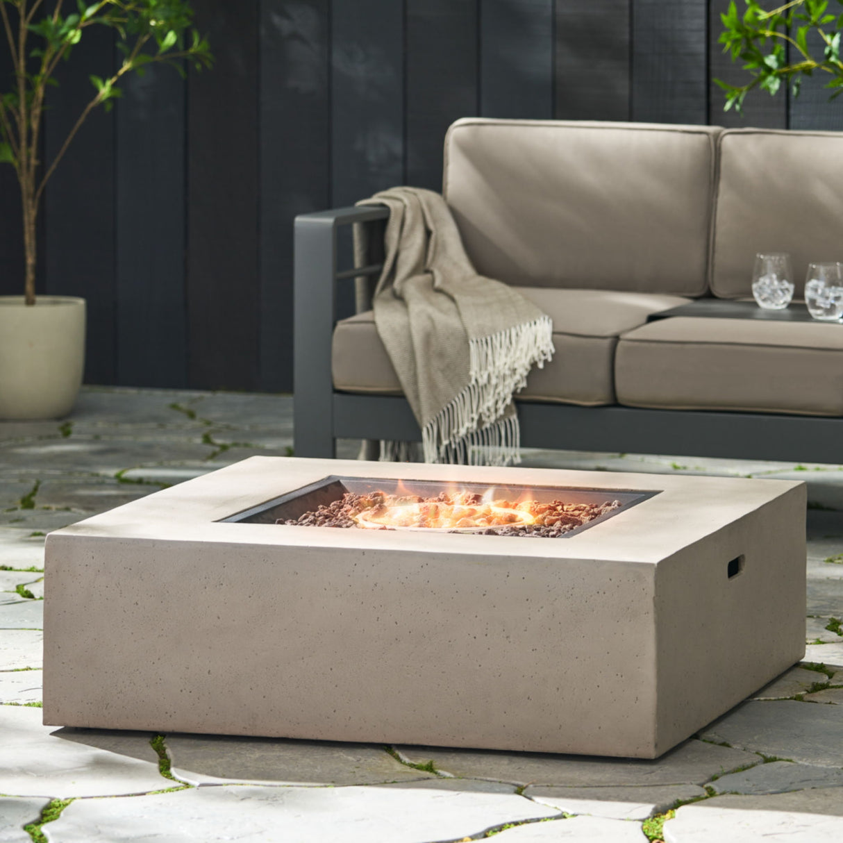 Square Fire Pit Table Outdoor Hearth 50000 BTU Propane Ceramic 40x40in