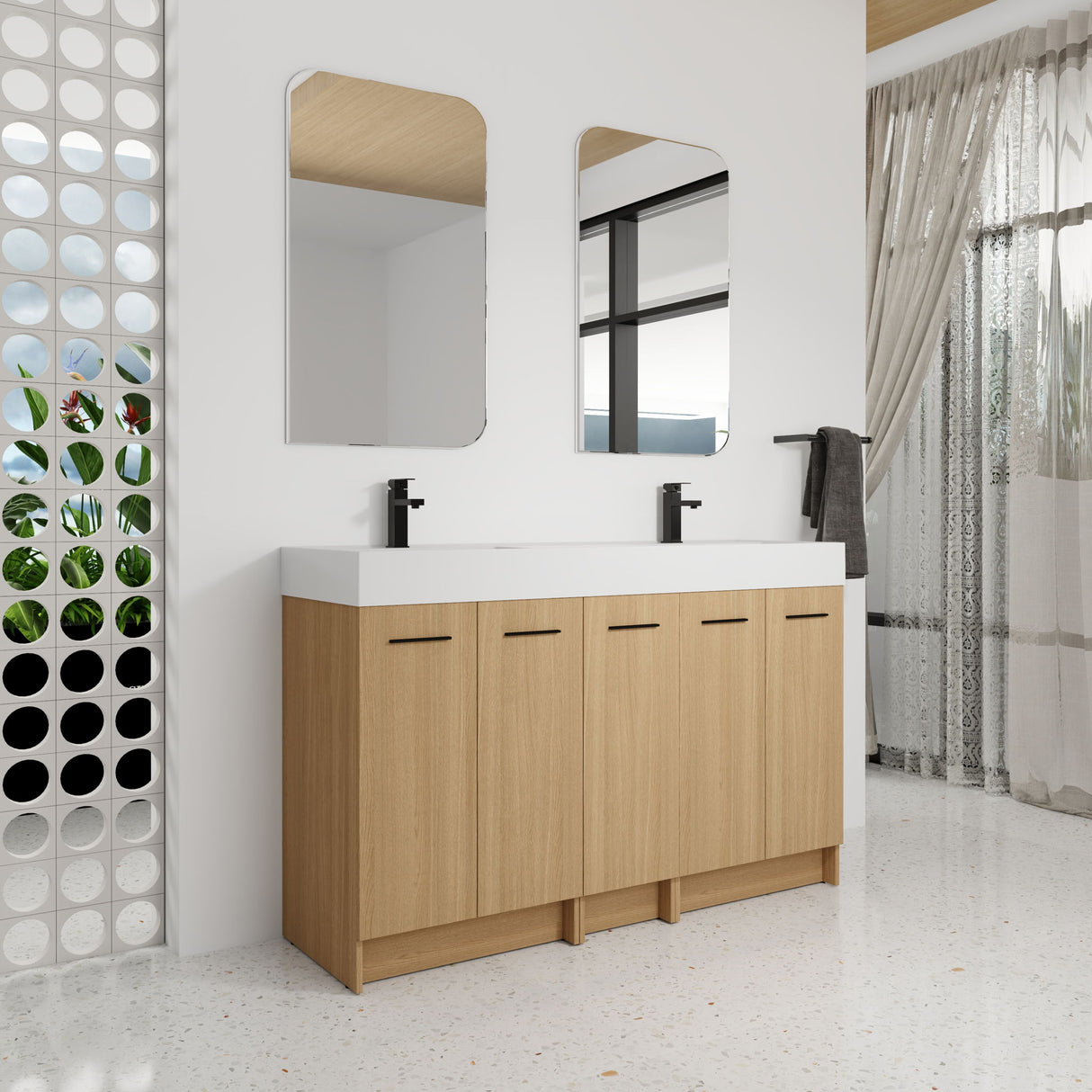 Double Sink Bathroom Vanity With Extra Large Storage, Integrated Sink, Freestanding Cabinet, Soft Close Doors - Glossy White / Light Oak