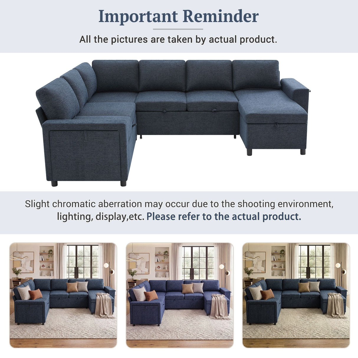 U - Shaped Convertible Sectional Sofa Bed With Storage, USB Charger & Cup Holders