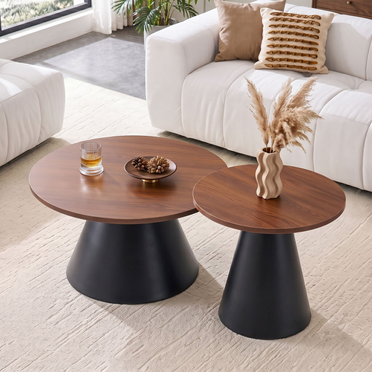 Nesting Coffee Table, Adjustable Foot Pads For Living Room (Set of 2) - Walnut / Black