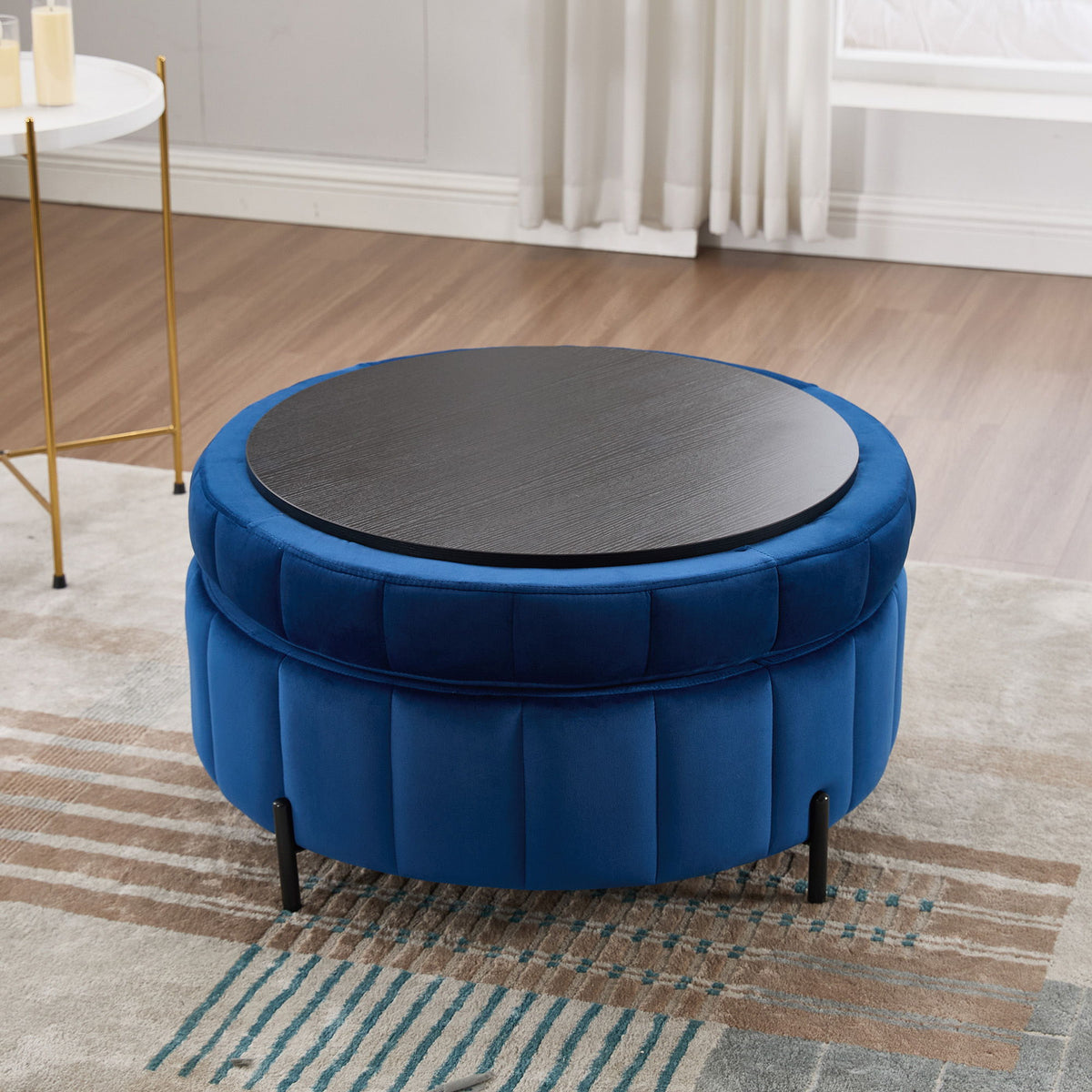 Upholstered Round Ottoman With Reversible Lid, Channel Tufted Pumpkin Shape