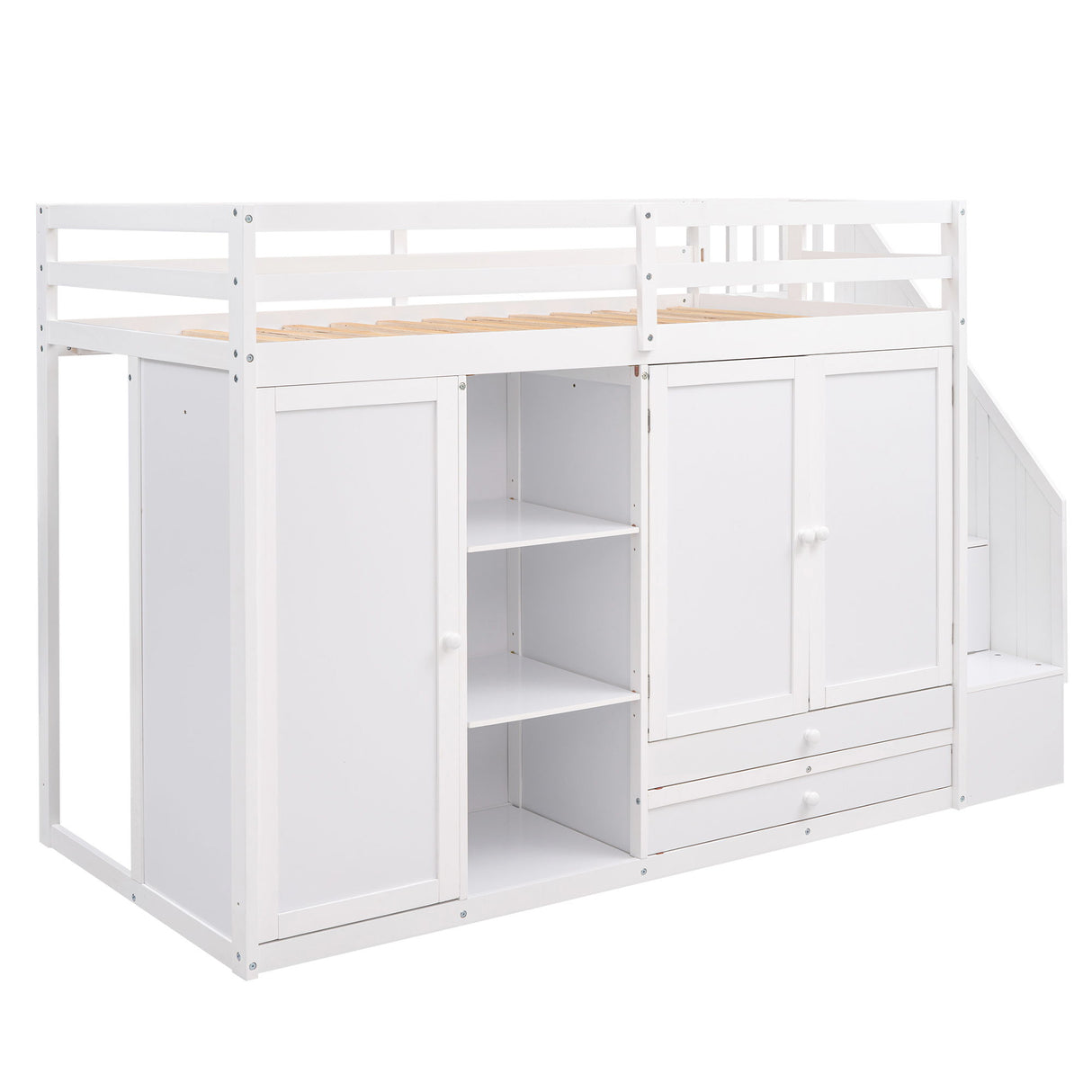 Loft Bed With 3 Shelves, 2 Wardrobes, 2 Drawers, Ladder Storage