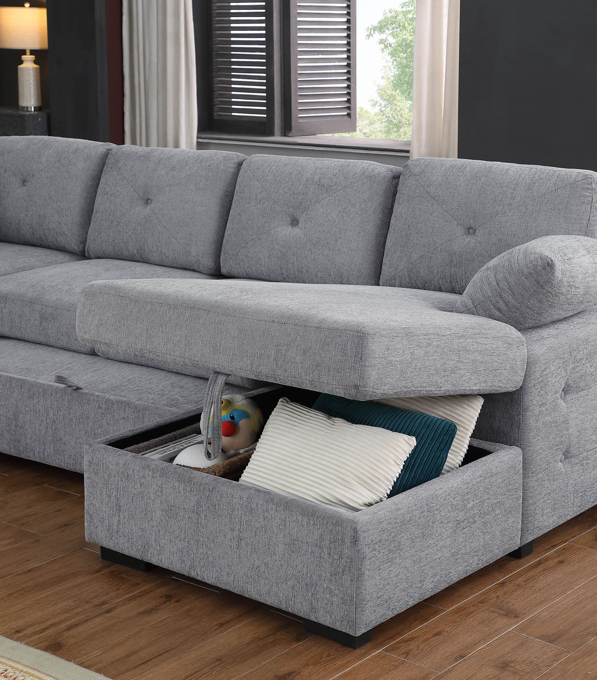 Nyhan - Upholstered Corner Sectional With Pull Out Loveseat And Storaged Chaise
