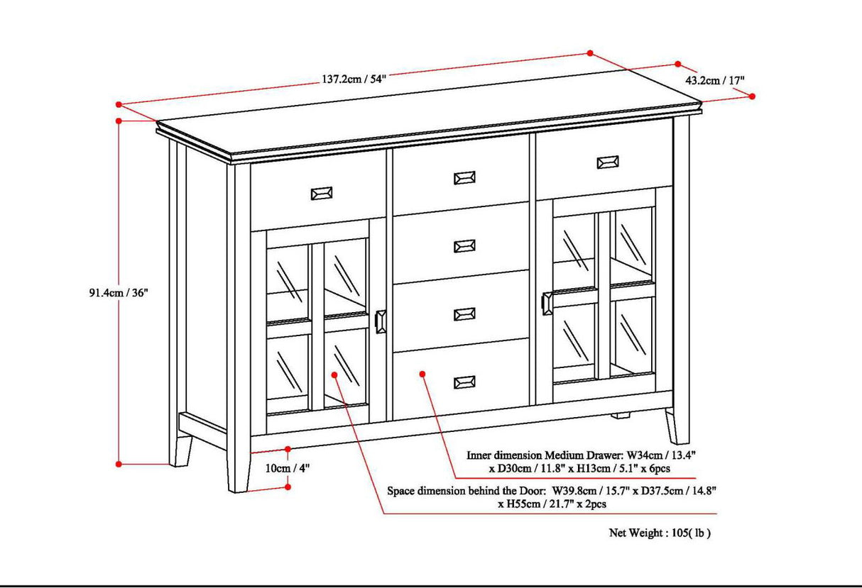 Sideboard Buffet Dining Room Cabinet Solid Wood Storage 54x36in