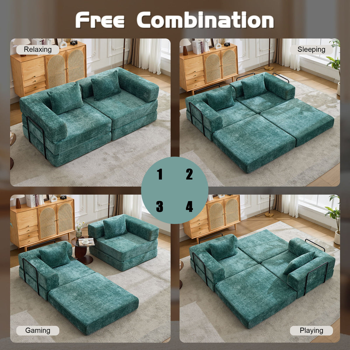 Convertible Floor Sofa Bed With Pillow Back Support Armrest