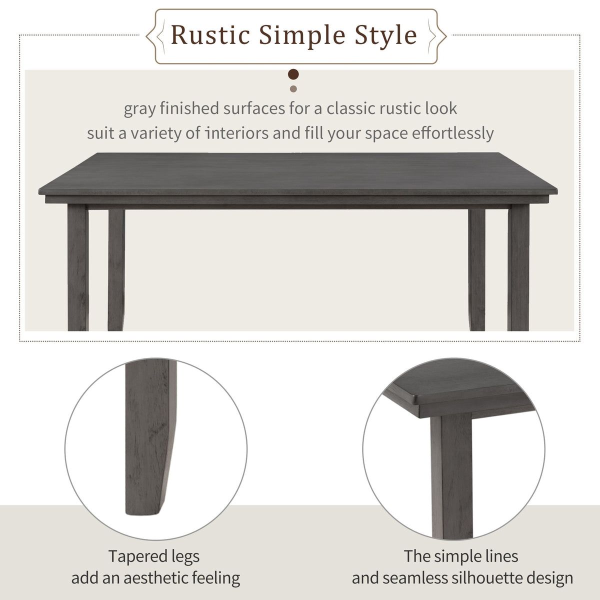 Dining Set For 6, Upholstered Chairs, Includes Table, 4 Chairs, And 2 Person Bench - Gray