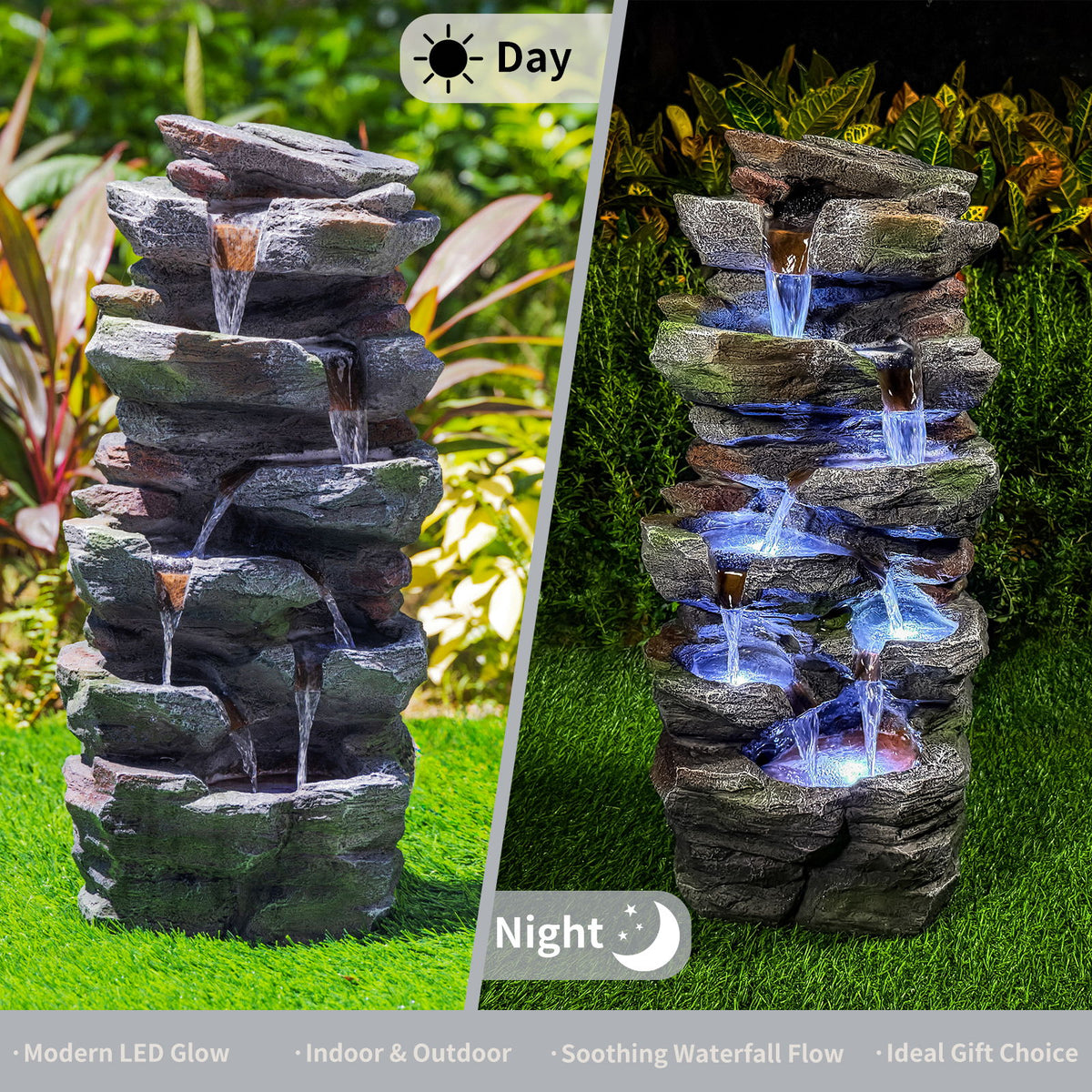 Rock Waterfall Outdoor Fountain With LED Lights - Gray