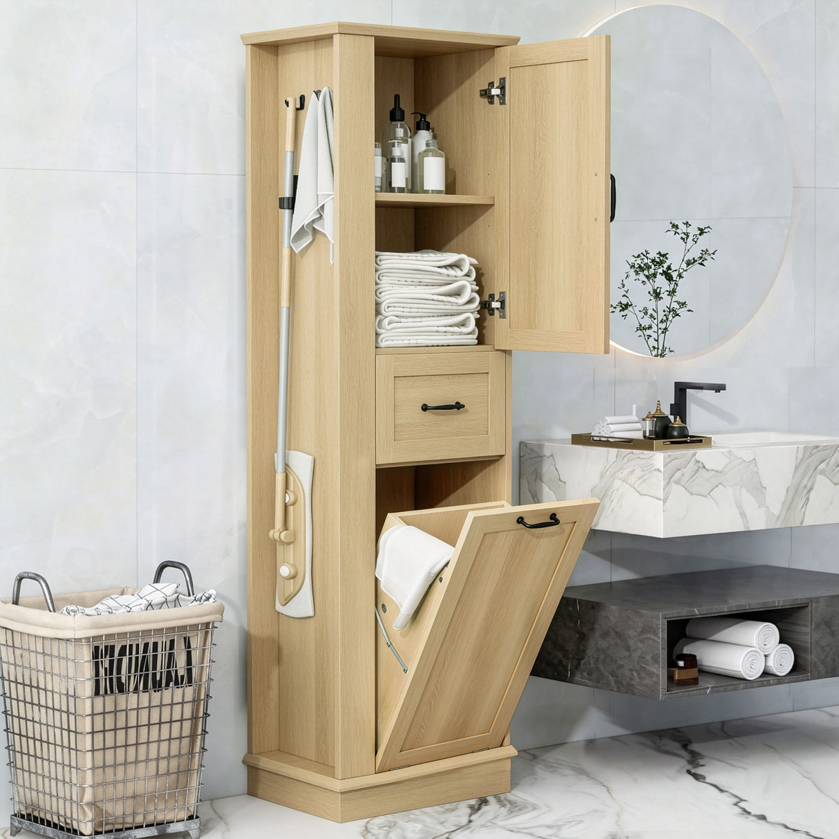 Tall Storage Cabinet With Tilt Out Compartment, Adjustable Shelves, Soft Close Hinges - Natural