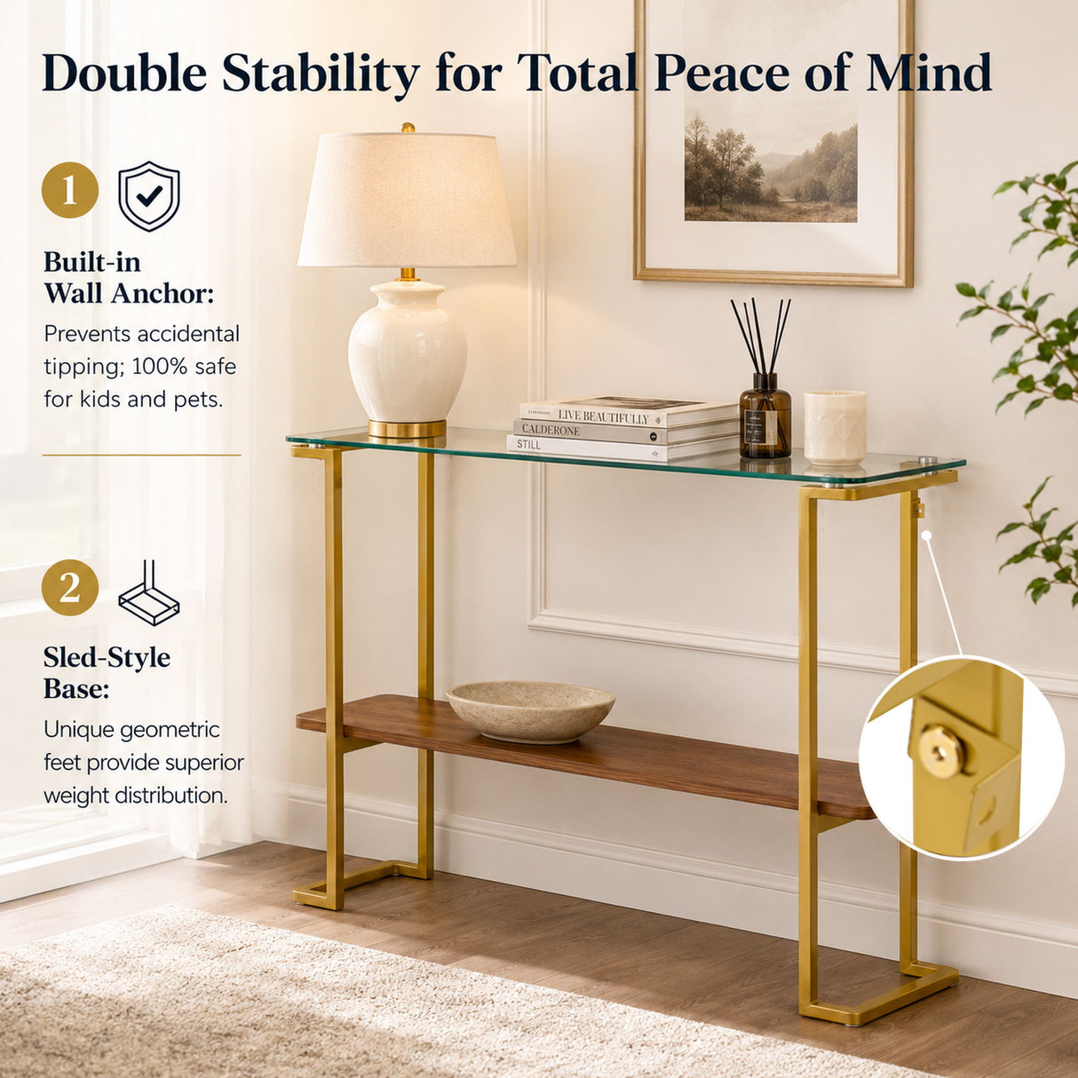 Console Table With Shelf, 2 Tier Living Room - Gold / Walnut