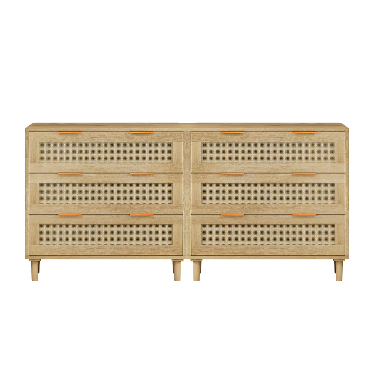 3 Drawers Rattan Storage Cabinet Rattan Drawer, For Bedroom, Living Room, Dining Room, Hallways (Set of 2) - Oak