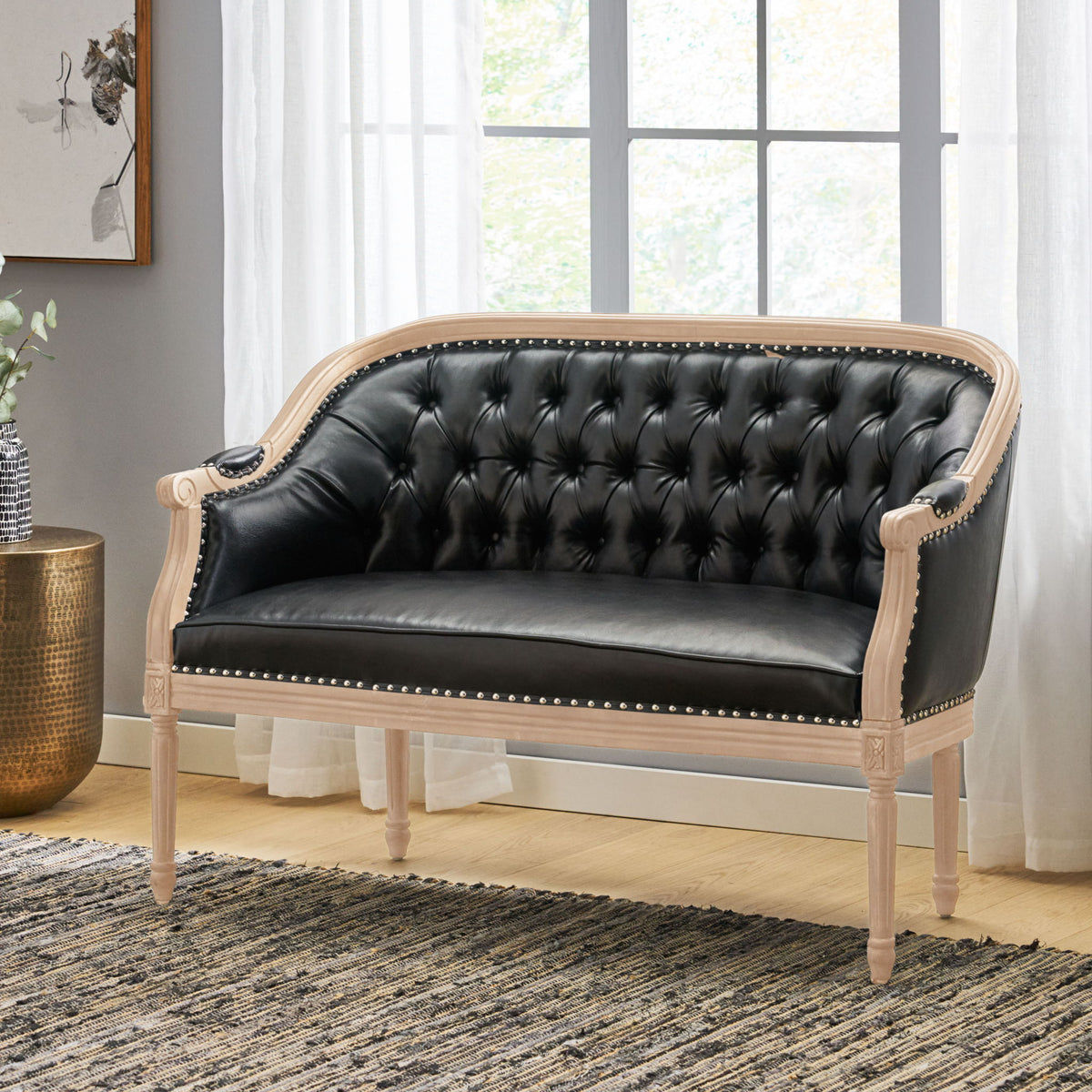 French Country Chesterfield Style Tufted Loveseat - Black
