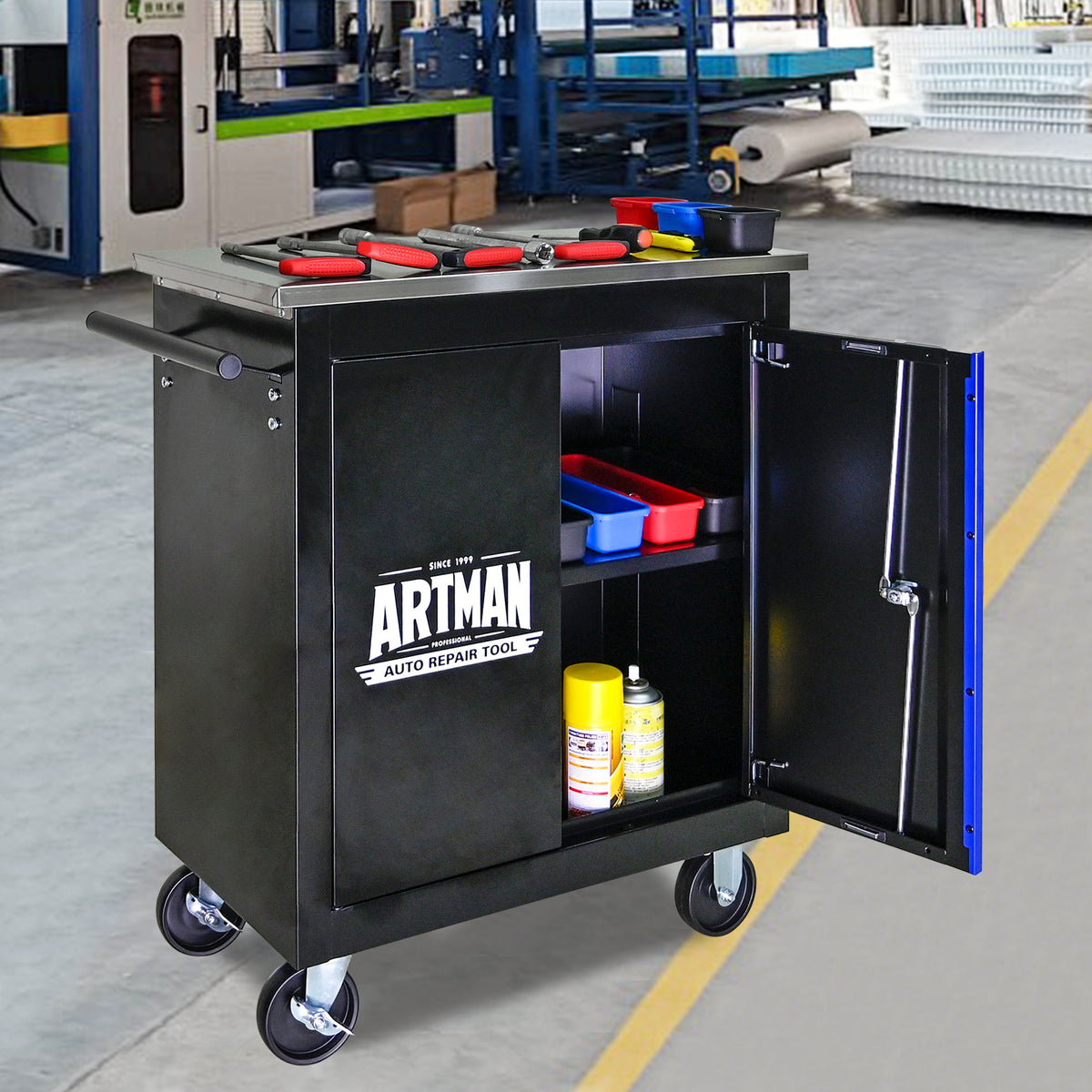 Movable Lockable Double Door Partition With Lock Multi Functional Hardware Storage Tool Car Auto Repair Locker - Black / Blue