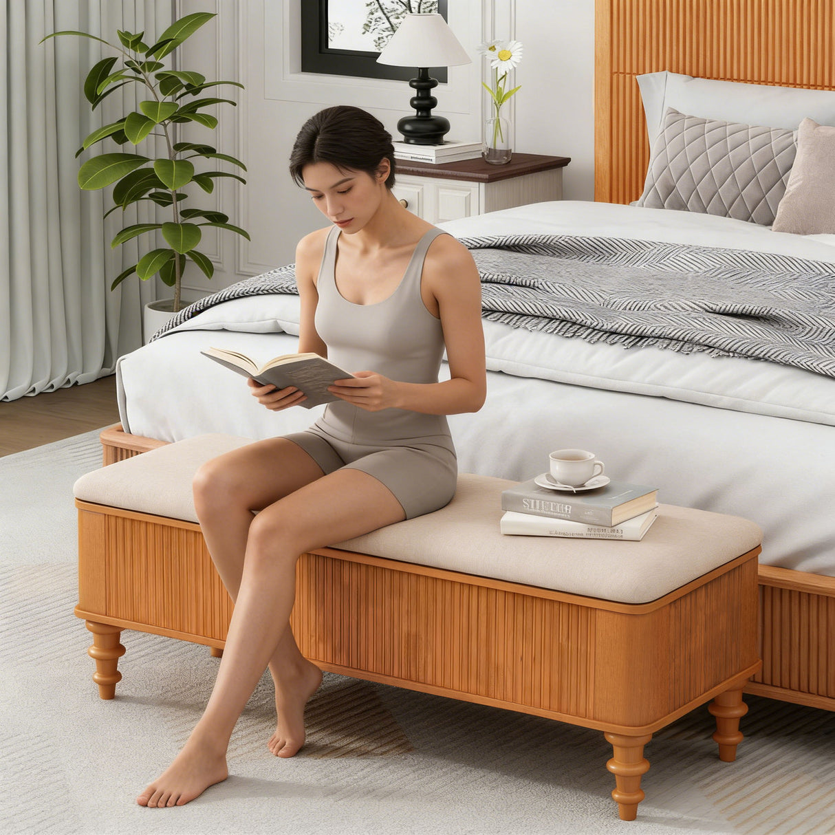 Storage Ottoman Bench For Living Room - Natural
