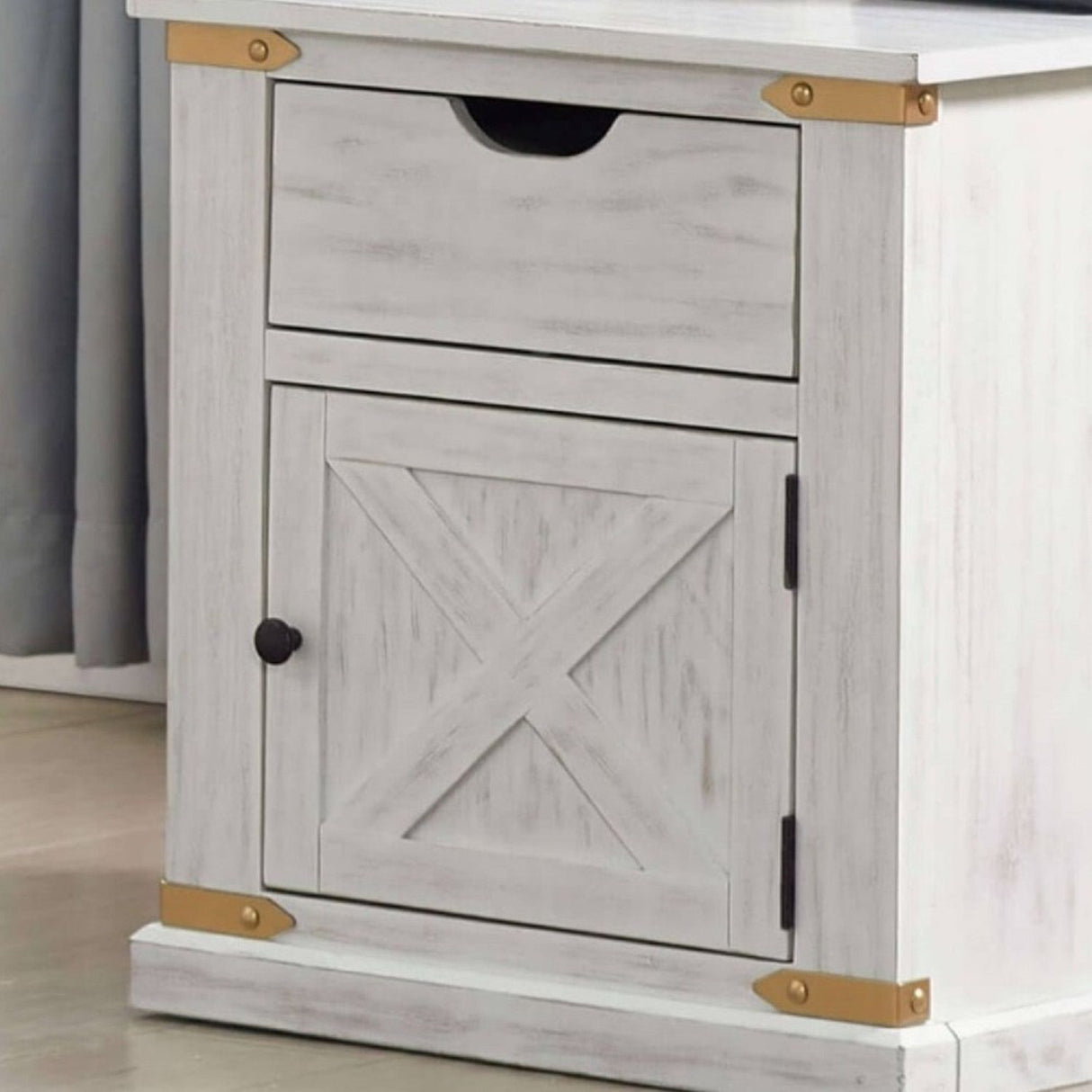 End Table With Storage Drawer And Shelves - Antique White / Gold