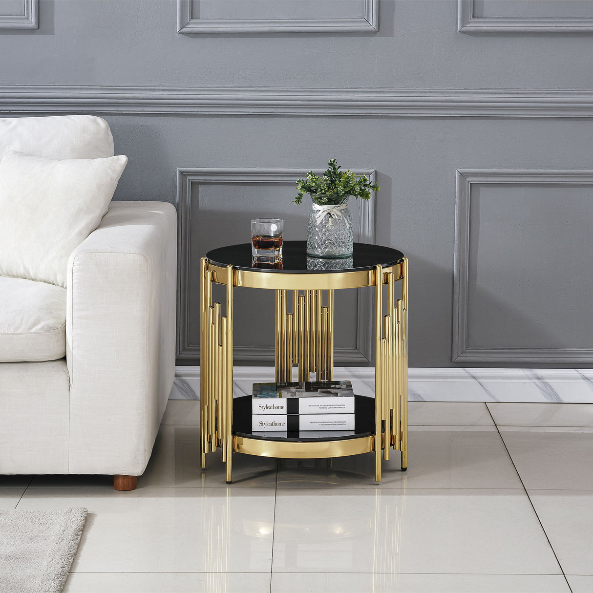 Round Double Tier Table With Flute Shaped Tube Legs