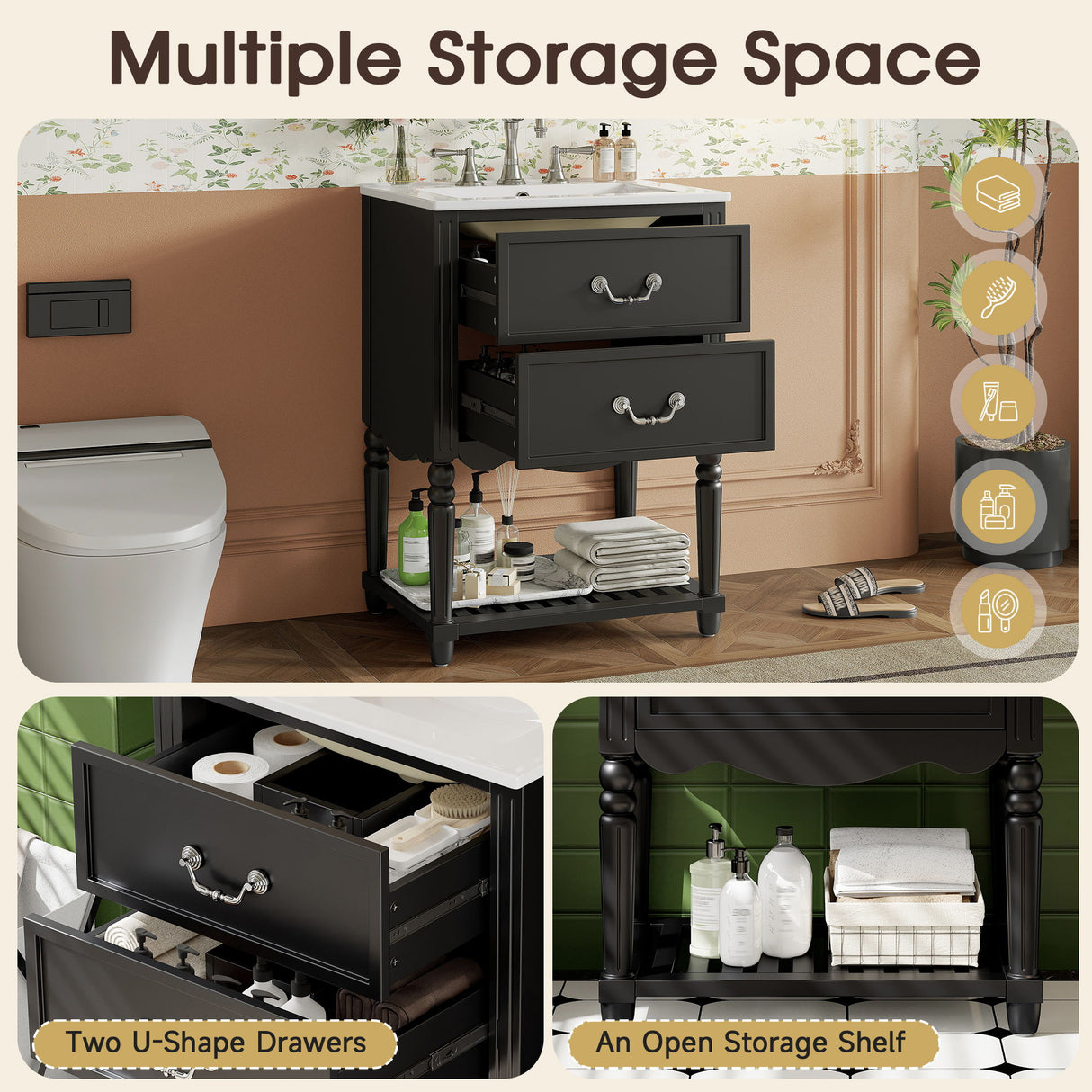 Wave Design Bathroom Vanity With Sink, 2 Drawers And Open Shelf