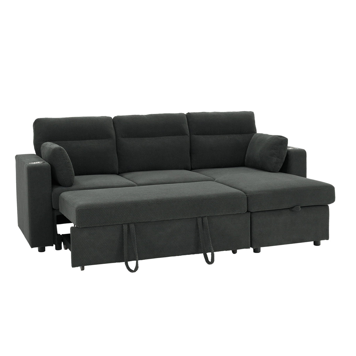 Convertible L - Shaped Sectional Sofa Bed With Storage Chaise, Cup Holders