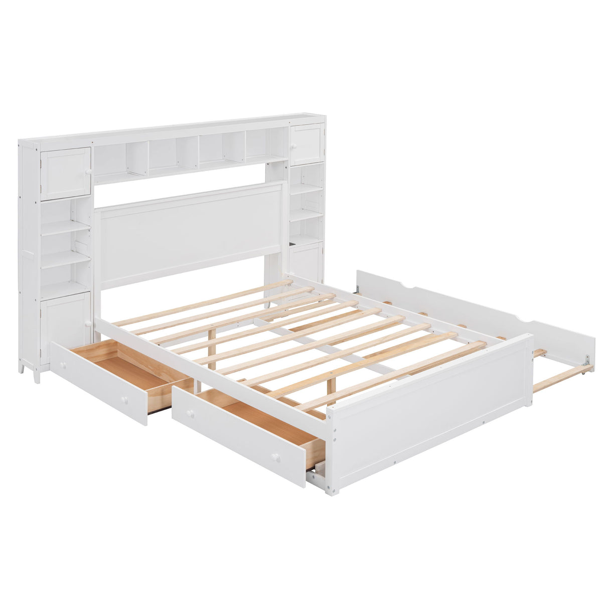 Bed With All In One Cabinet, Shelf And Sockets, Twin Long Trundle