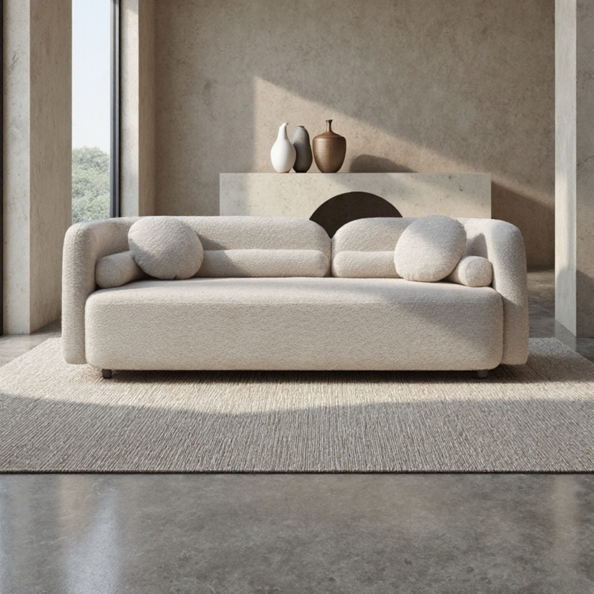 3 Seater Sofa Couch With Throw Pillows For Living Room - Light Beige