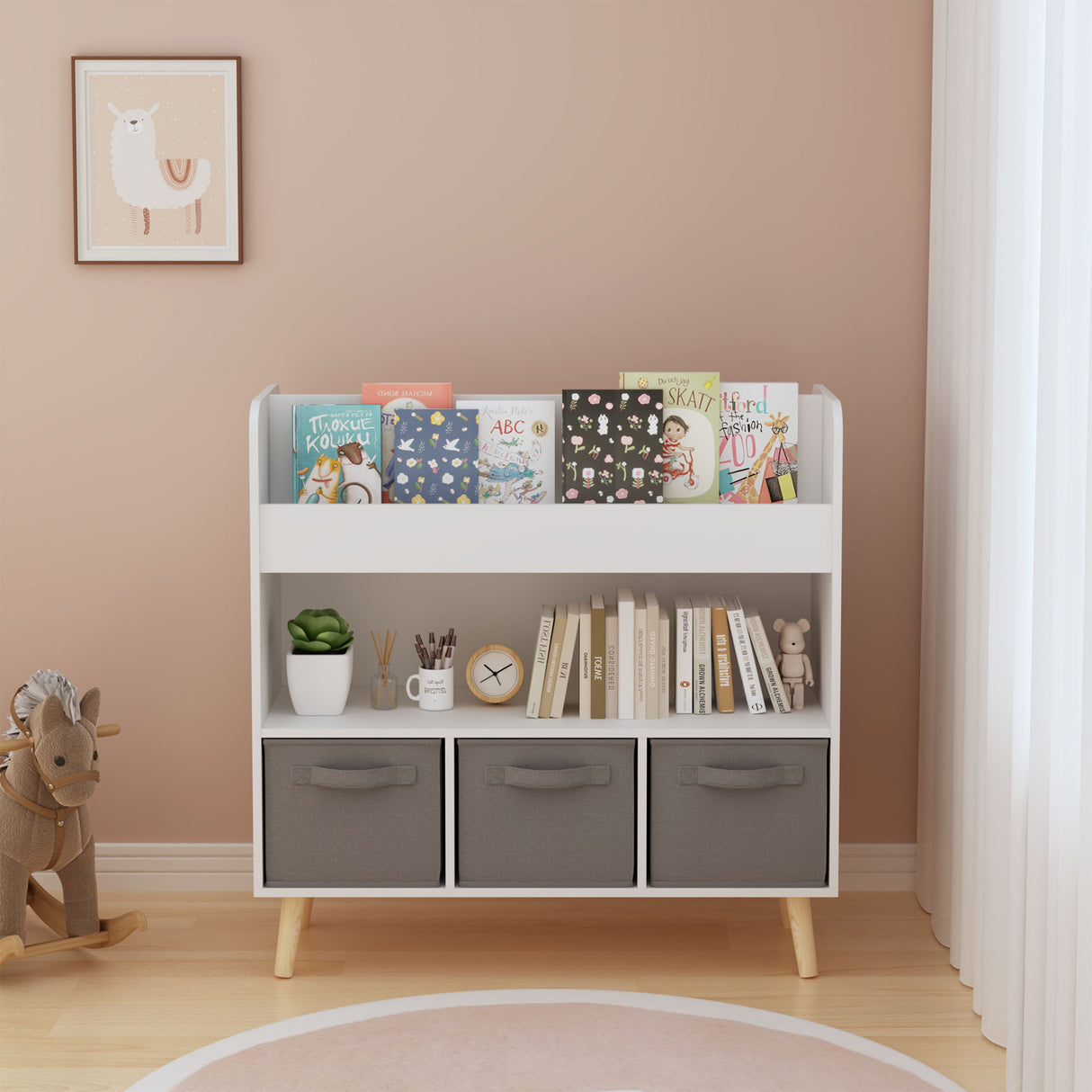 Bookshelf With 3 Bins, Storage Shelf For Toys And Books - White