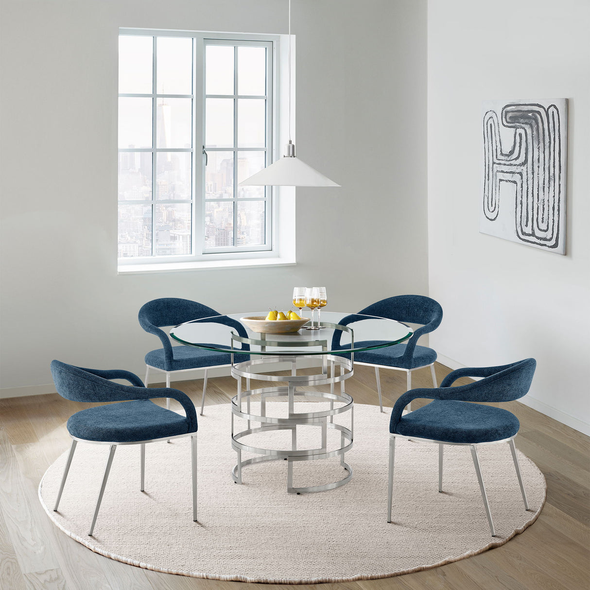 Diaz Morgan - 5 Piece Round Glass Dining Table Set - Brushed Silver / Blue