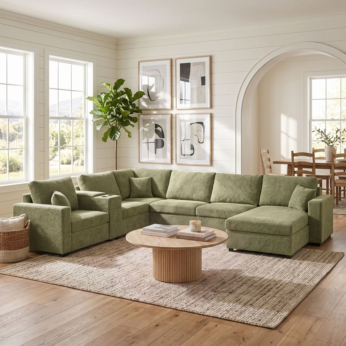 Modular 5 Seat U-Shape Sectional Sofa With Chaise Lounge, Built In Cup Holders And Storage Drawer