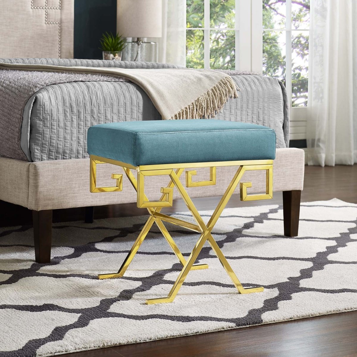 15 Inch Whimsical Greek Key Performance Velvet Bench - Benches available at Alpine Outlets in Denver