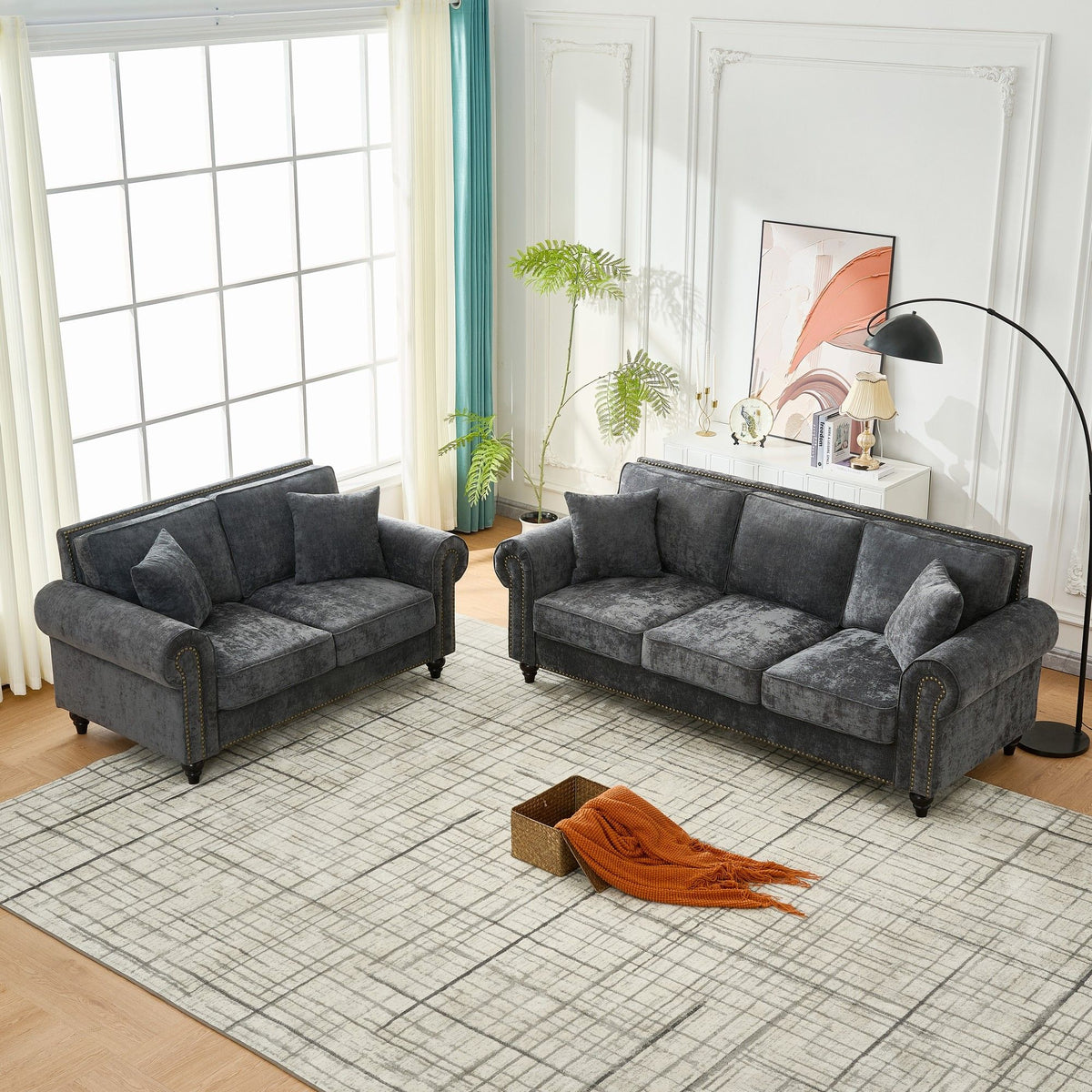 3 And 2 Seater Sofa With Rolled Arms, Tufted Upholstered Couch - Gray