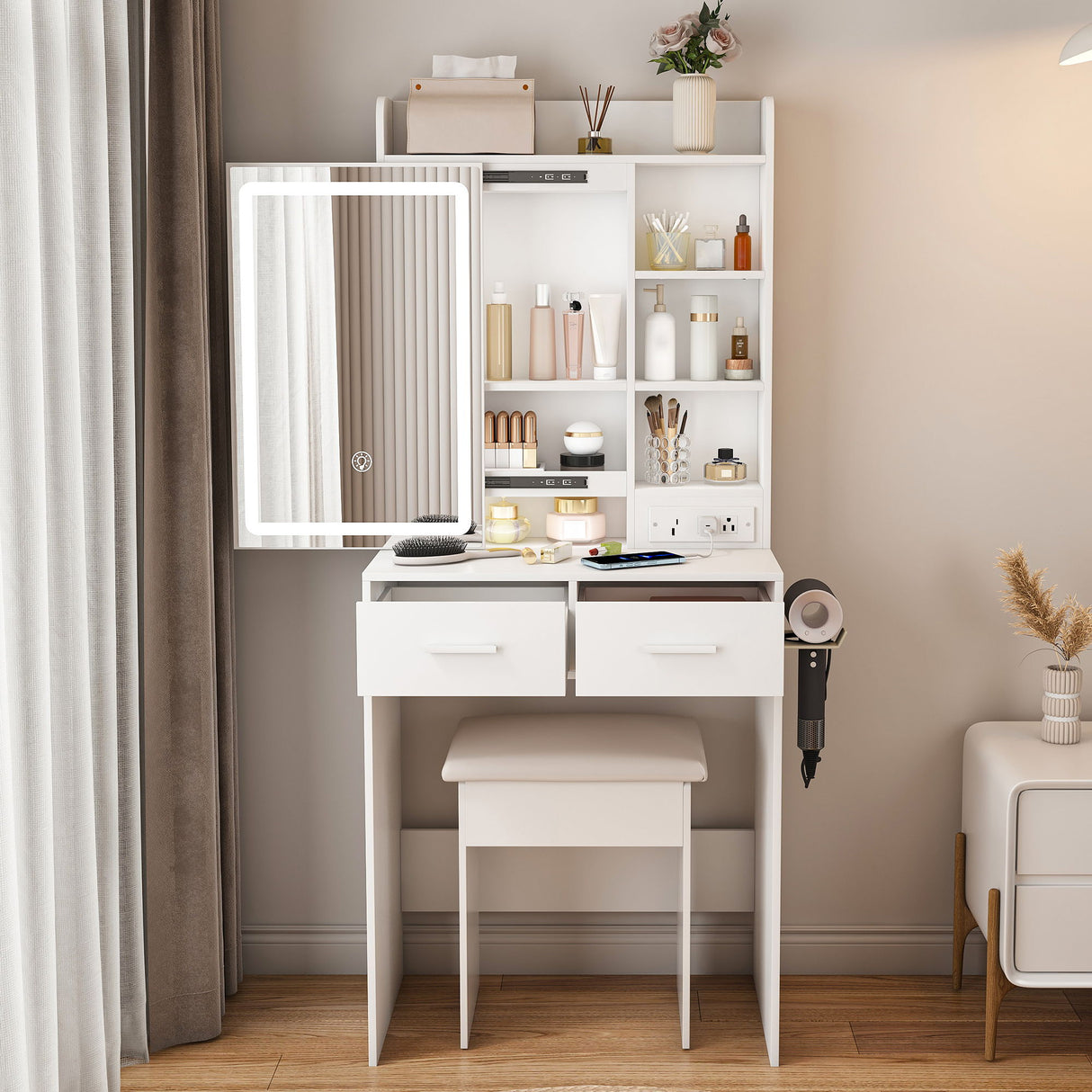 Space Saving Makeup Vanity Desk With Mirror & Adjustable Led Lights, Built-In Power Outlet, Hidden Storage, Includes Stool & Shelf - White