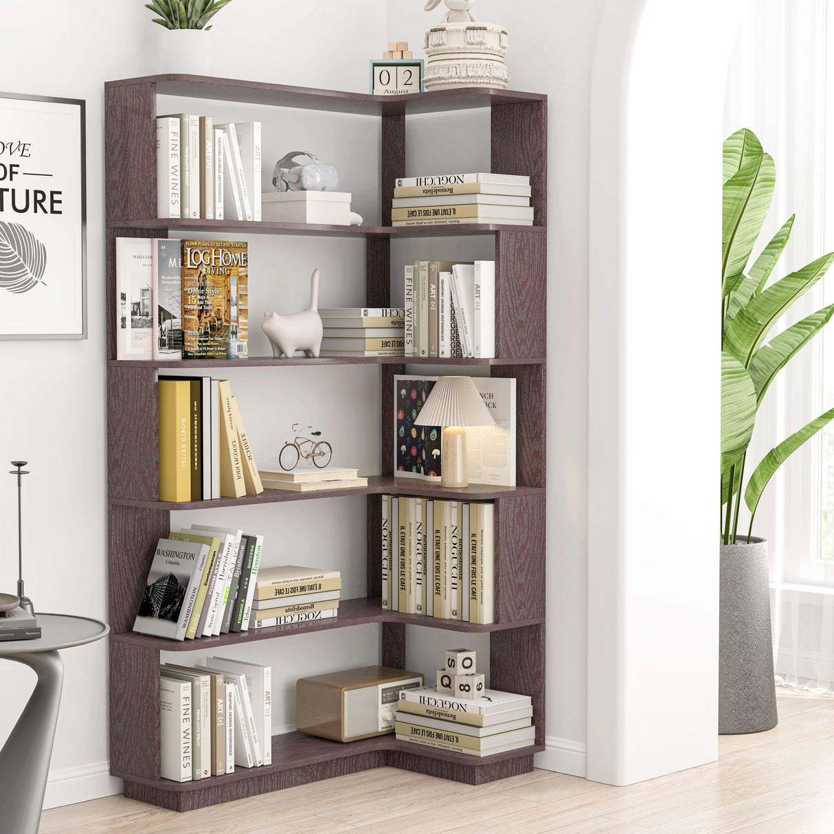 Ox Blood - Red 90Cm L-Shaped Freestanding Corner Bookshelf With Anti Tip Safety, Storage Cabinet For Living Room - Ox Blood Red