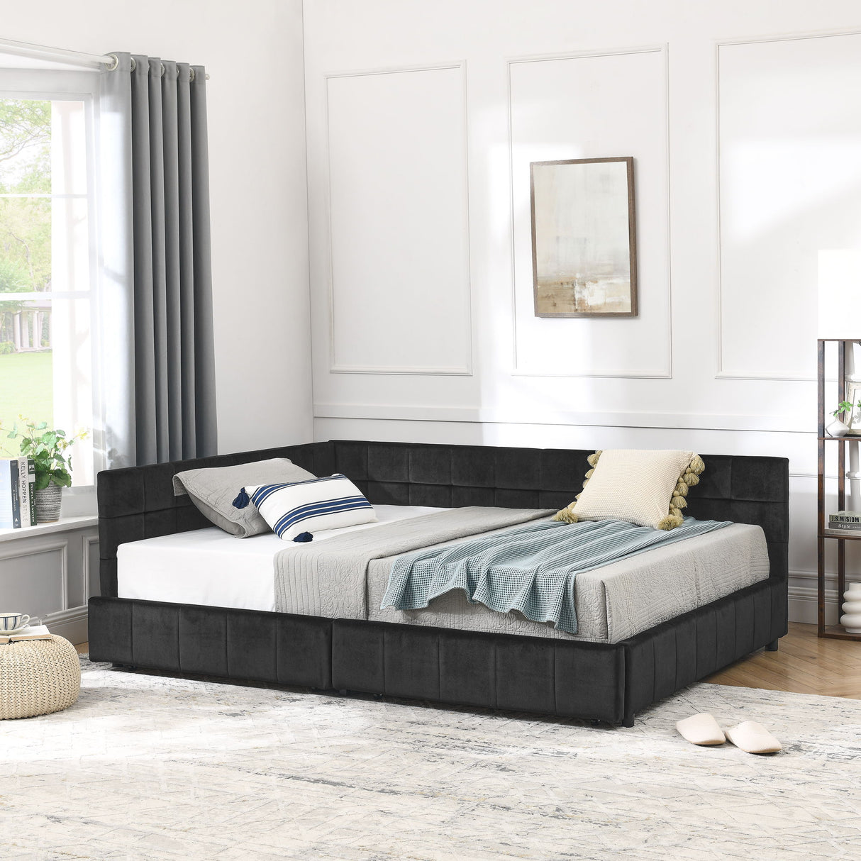 Storage Elegant Upholstered Tufted Bed Frame With Backrest And Armrests