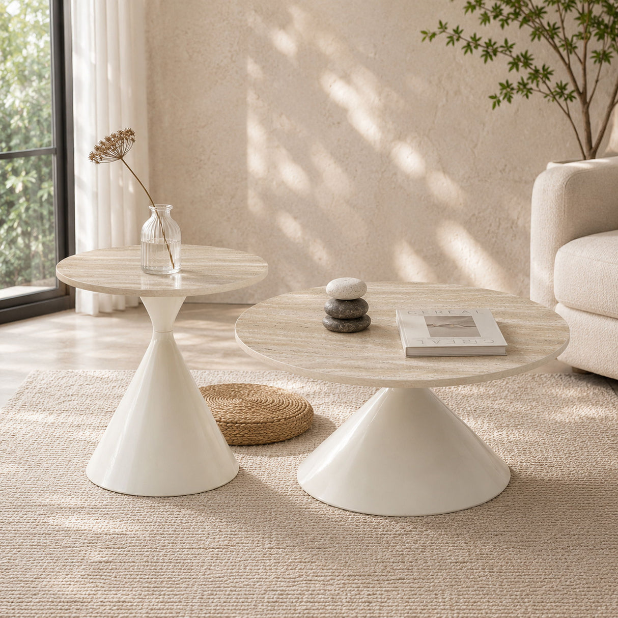 2 Piece Round Coffee Table Set - White