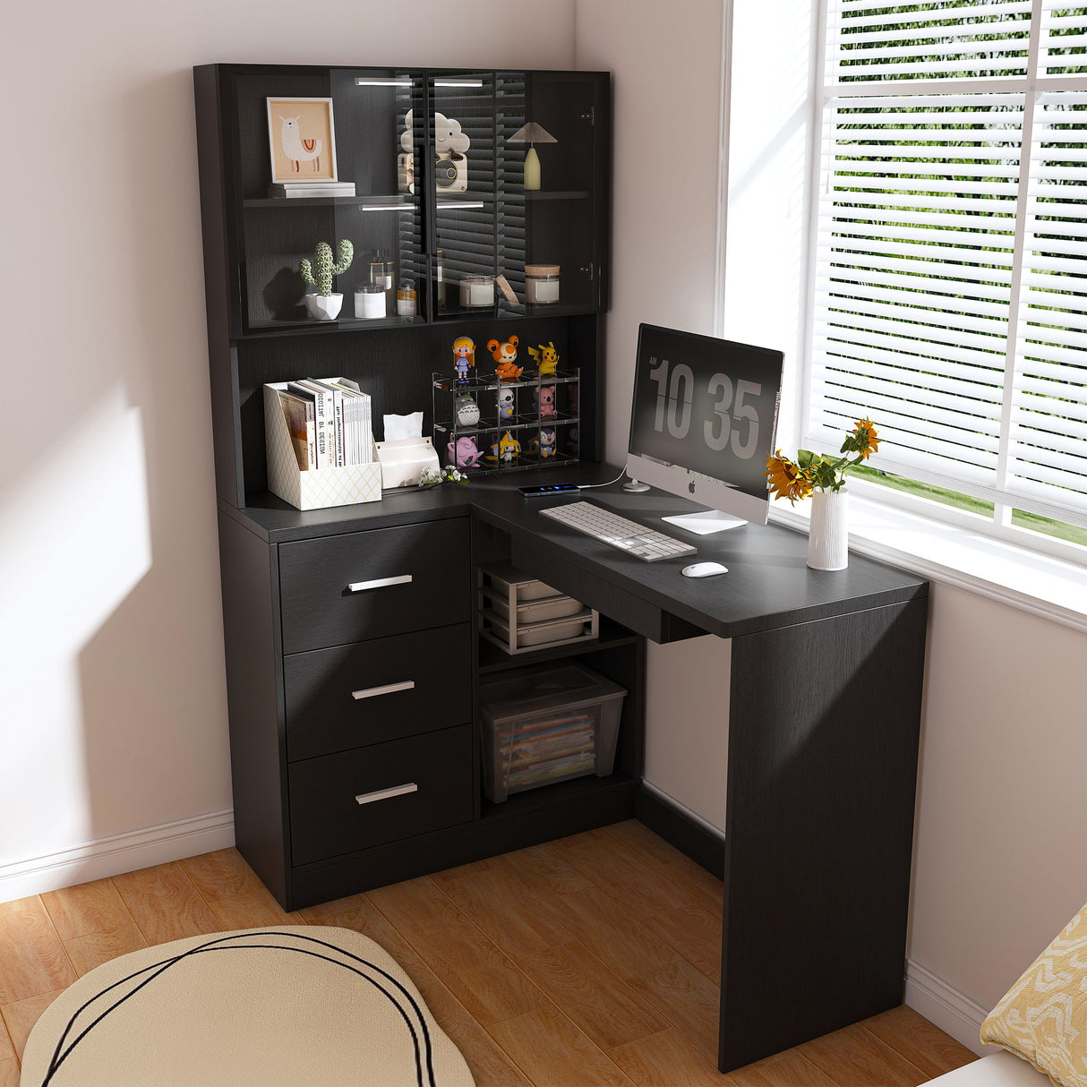 L-Shaped Computer Desk With Glass Cabinets, Built In LED Lights, USB Charging Ports