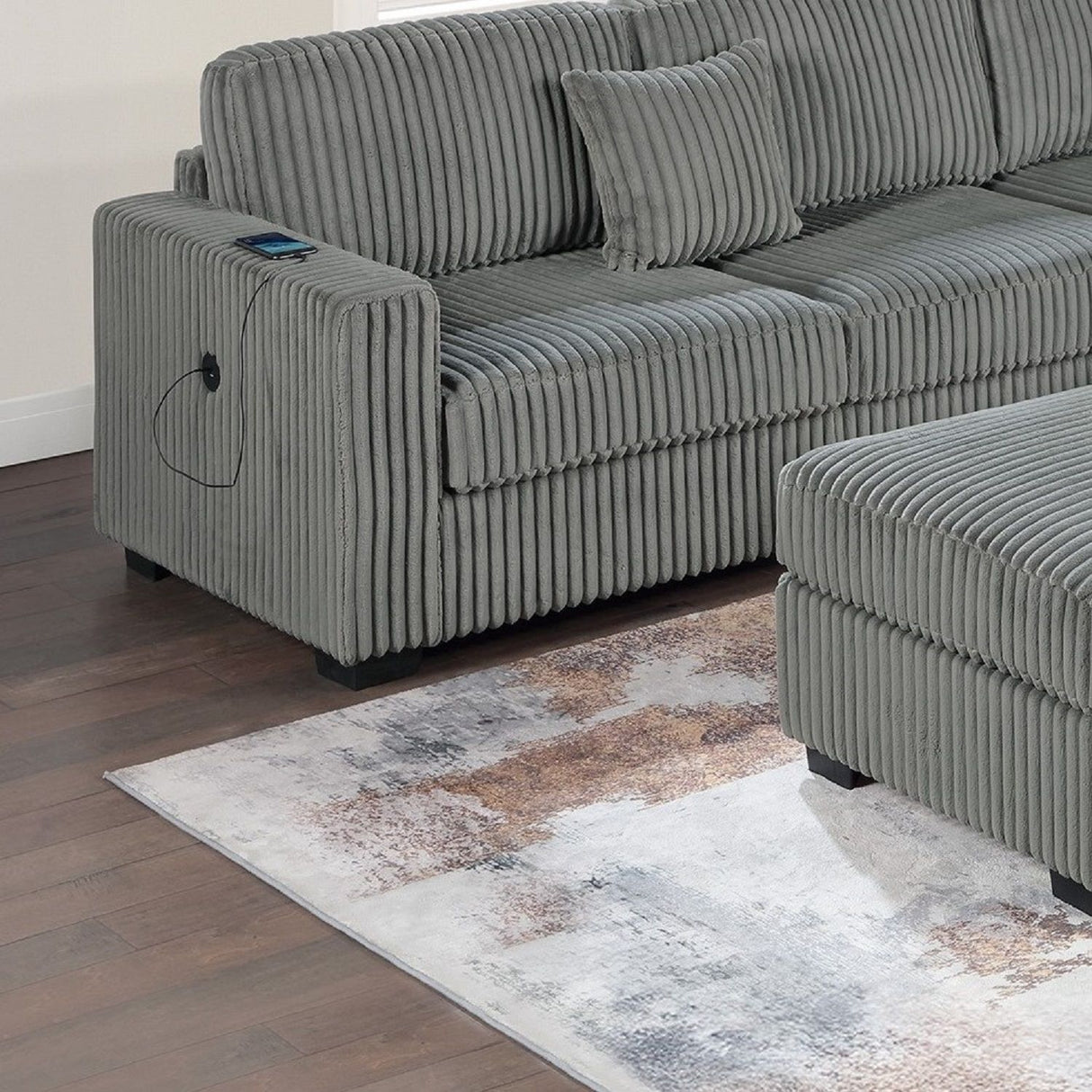 Upholstered L - Shaped 4 Piece Sectional Set With USB, Cocktail Ottoman