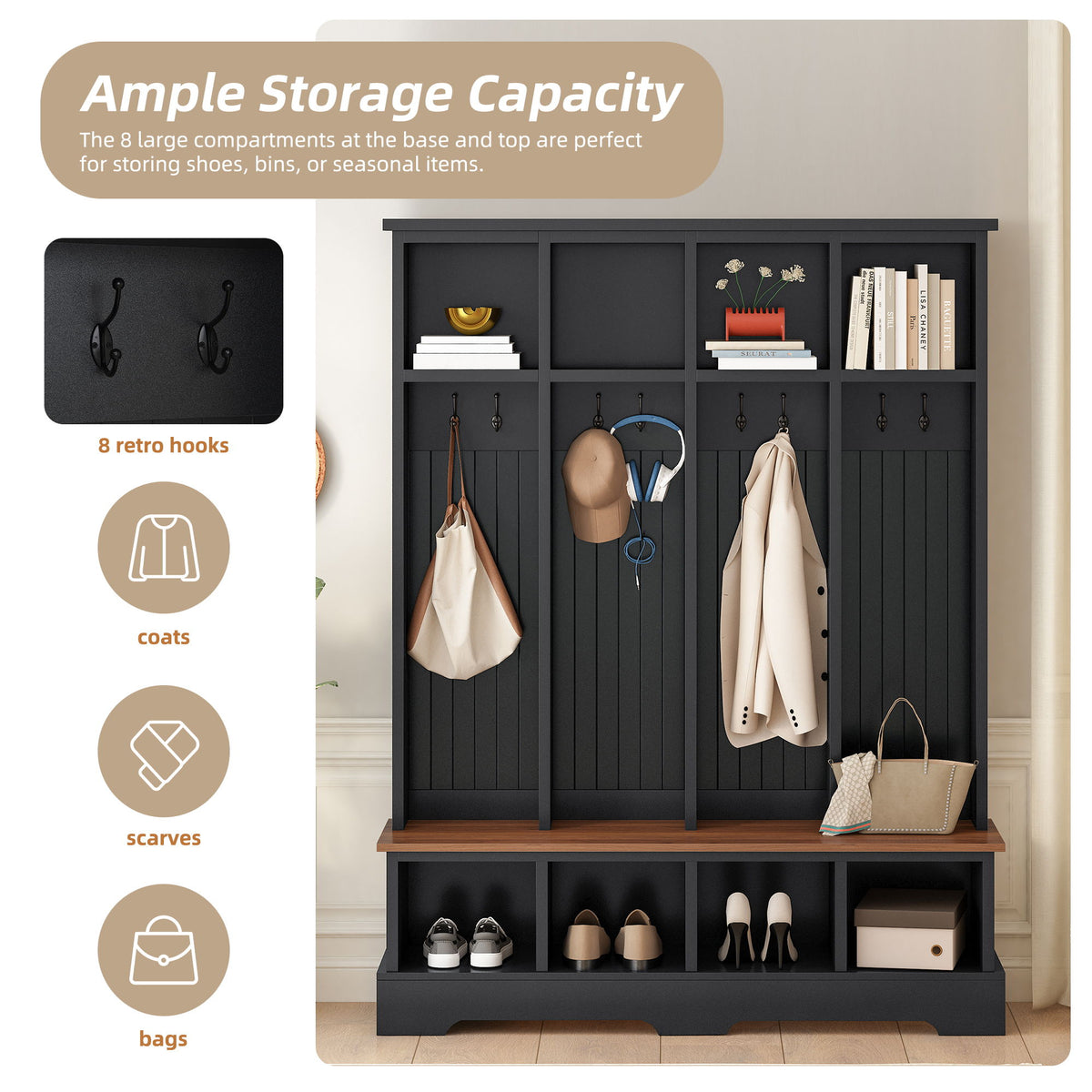 Hall Tree With 8 Hooks, Practical Entryway Bench With Open Compartments