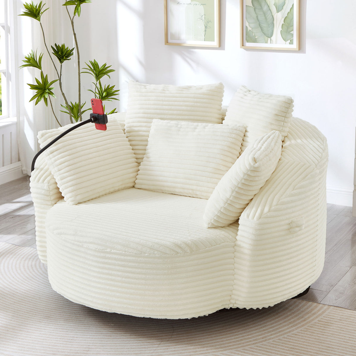 Swivel Accent Barrel Chair With Adjustable Phone Holder, 5 Pillows For Living Room