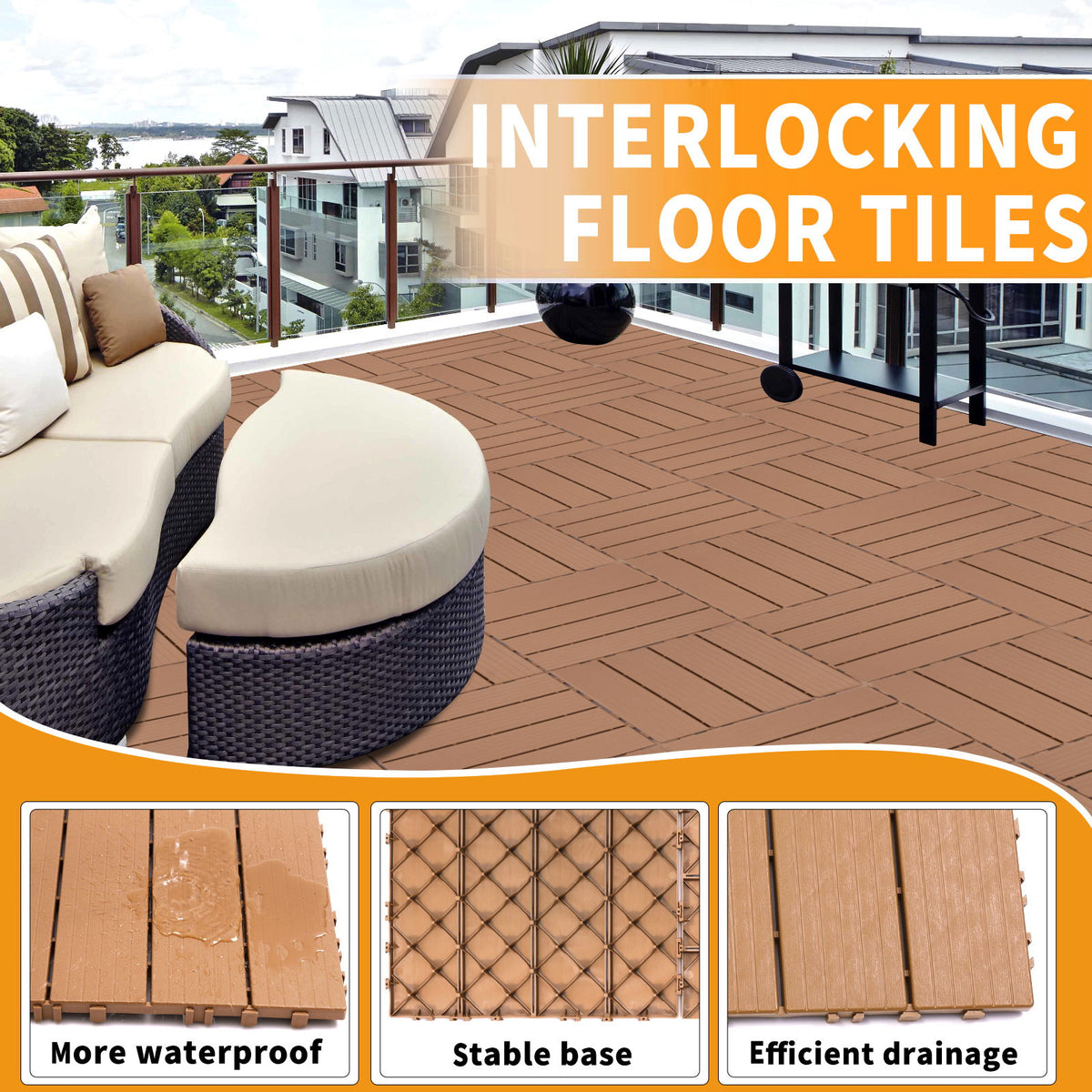 Plastic Interlocking Deck Tiles, Patio Flooring Outdoor Waterproof All Weather Use