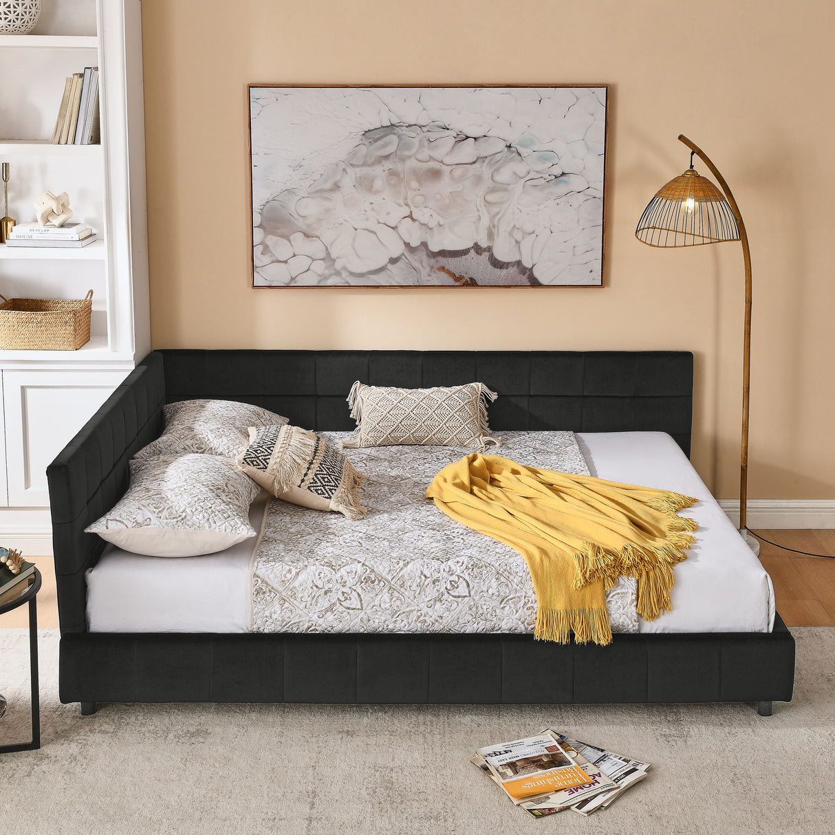 Storage Elegant Upholstered Tufted Bed Frame With Backrest And Armrests